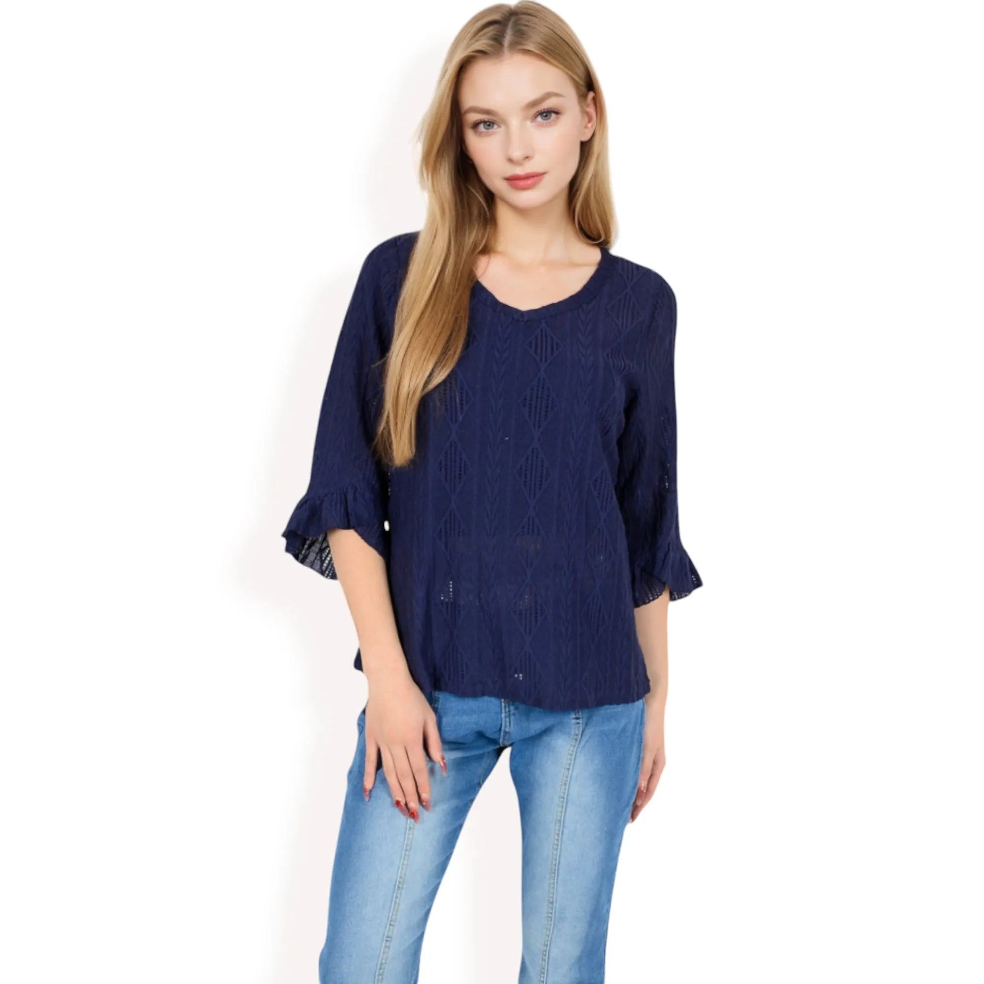 Anna-Kaci Women's 3/4 Sleeve V-Neck Blouse with Geometric Eyelet Pattern