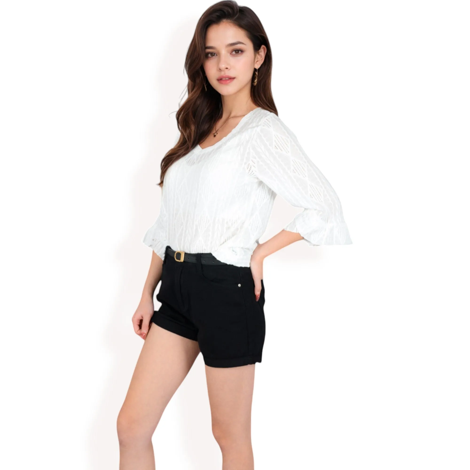 Anna-Kaci Women's 3/4 Sleeve V-Neck Blouse with Geometric Eyelet Pattern