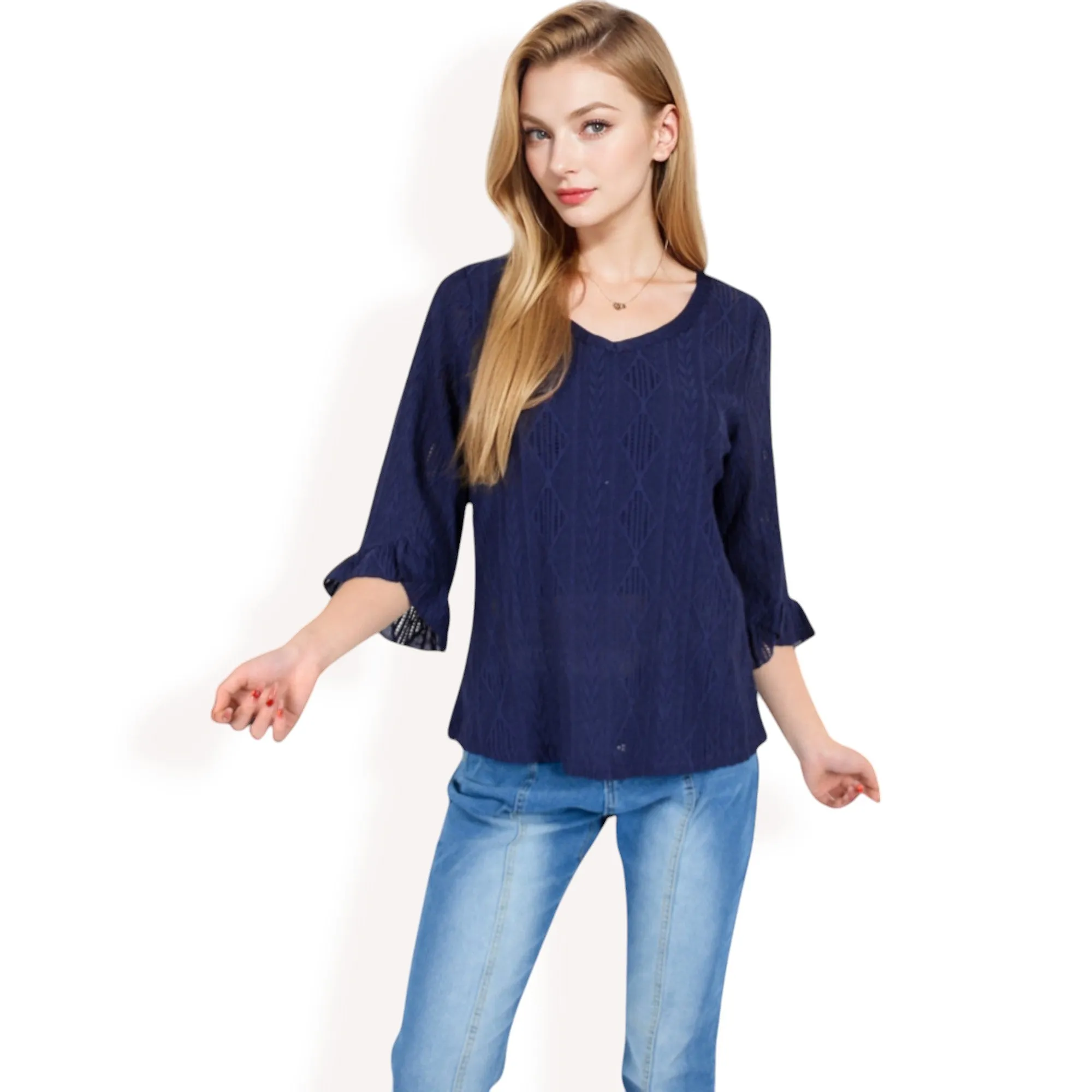 Anna-Kaci Women's 3/4 Sleeve V-Neck Blouse with Geometric Eyelet Pattern