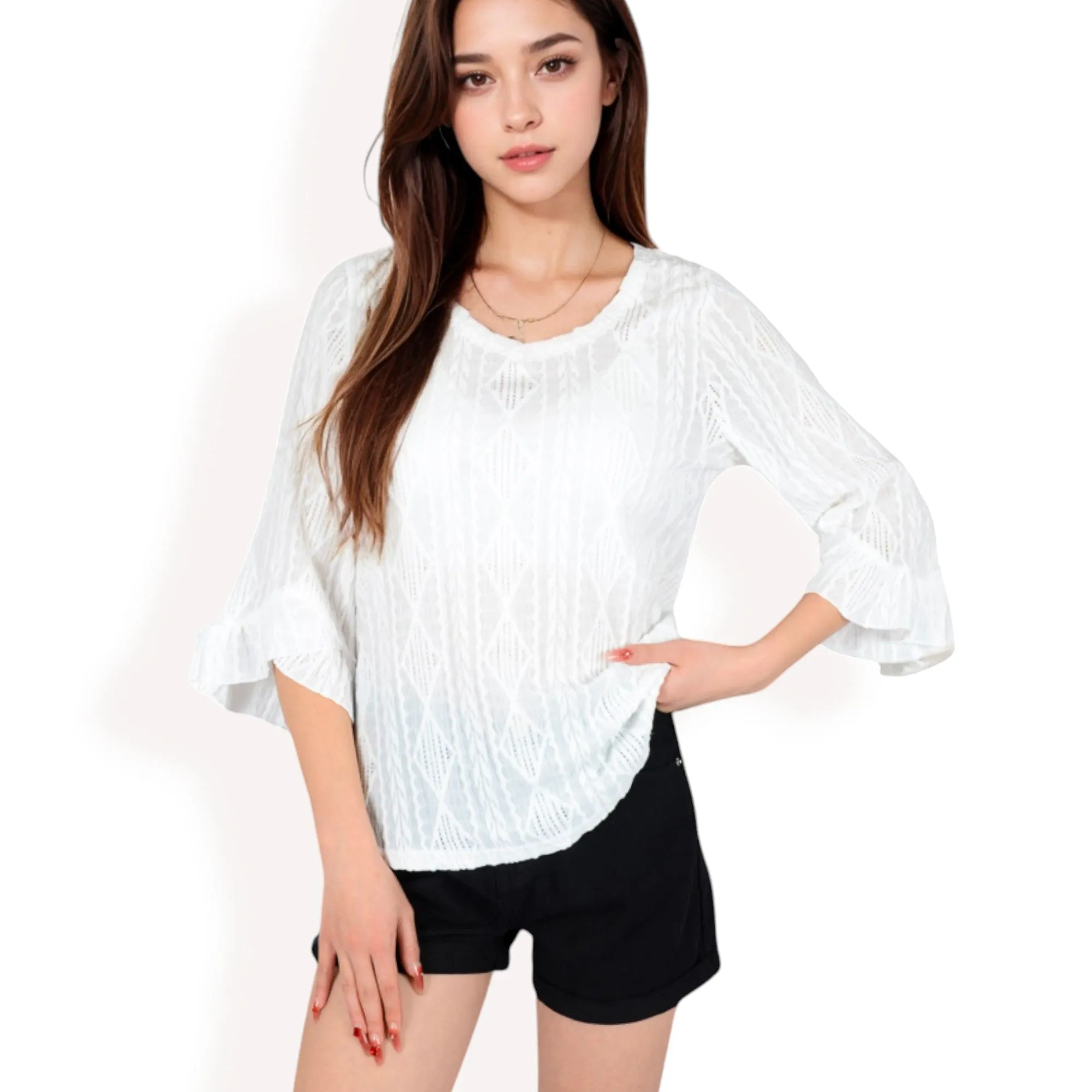 Anna-Kaci Women's 3/4 Sleeve V-Neck Blouse with Geometric Eyelet Pattern