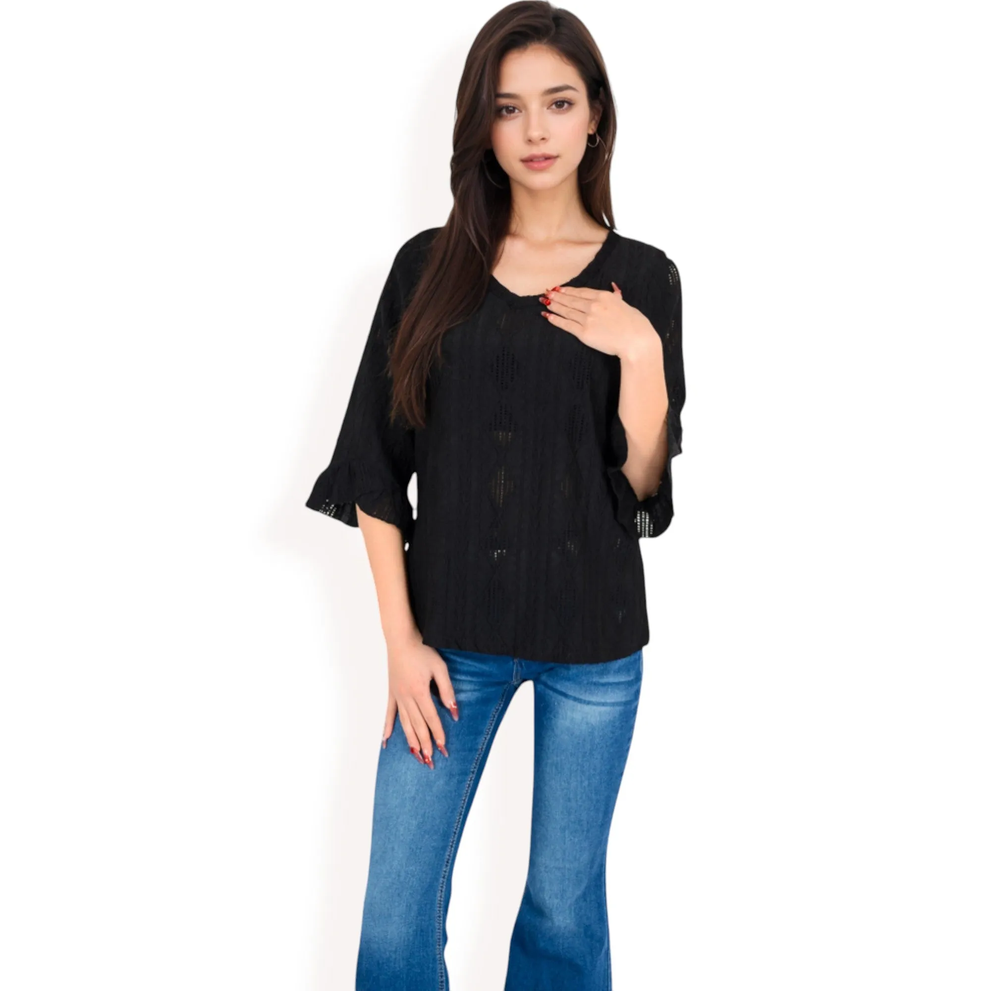 Anna-Kaci Women's 3/4 Sleeve V-Neck Blouse with Geometric Eyelet Pattern