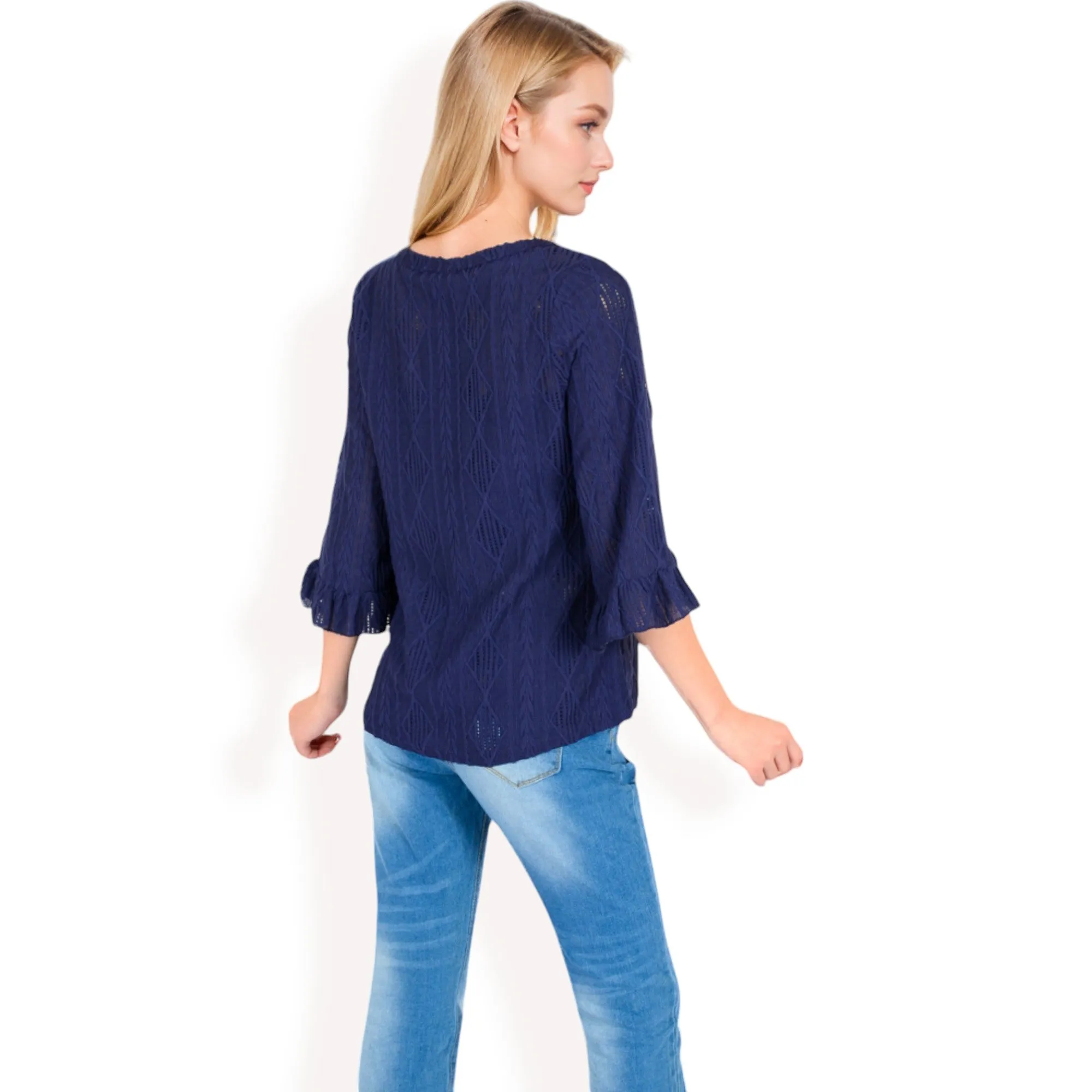 Anna-Kaci Women's 3/4 Sleeve V-Neck Blouse with Geometric Eyelet Pattern