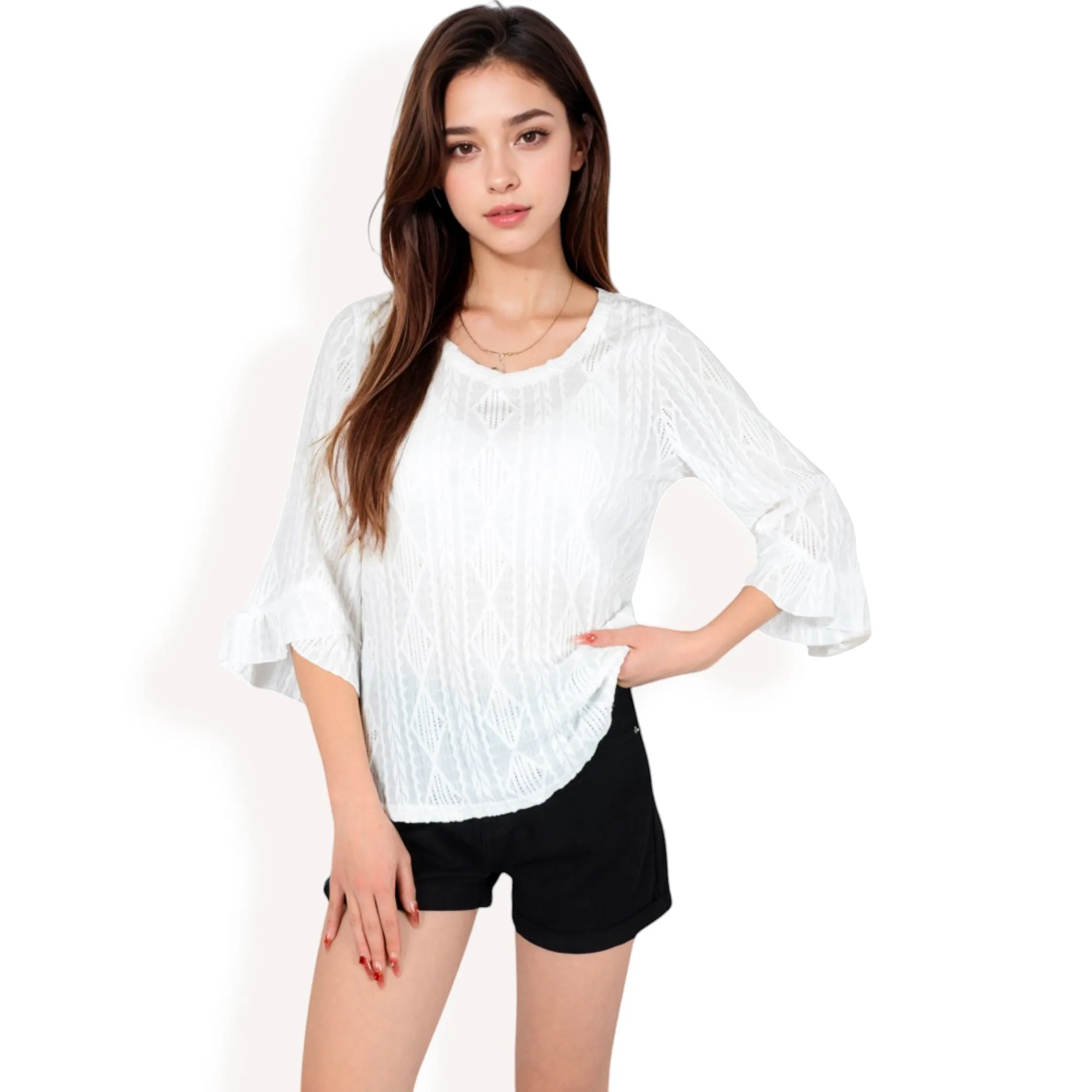 Anna-Kaci Women's 3/4 Sleeve V-Neck Blouse with Geometric Eyelet Pattern