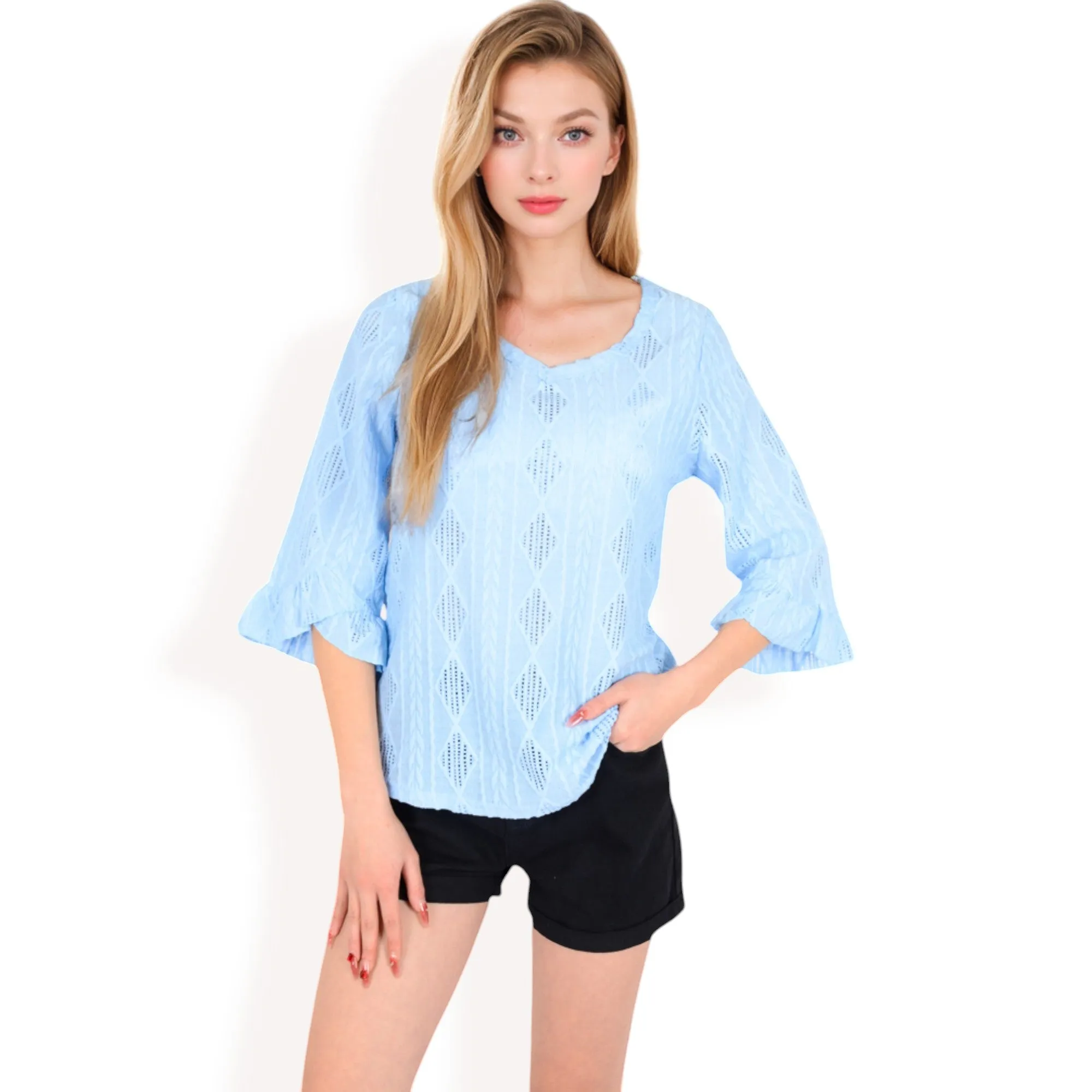Anna-Kaci Women's 3/4 Sleeve V-Neck Blouse with Geometric Eyelet Pattern