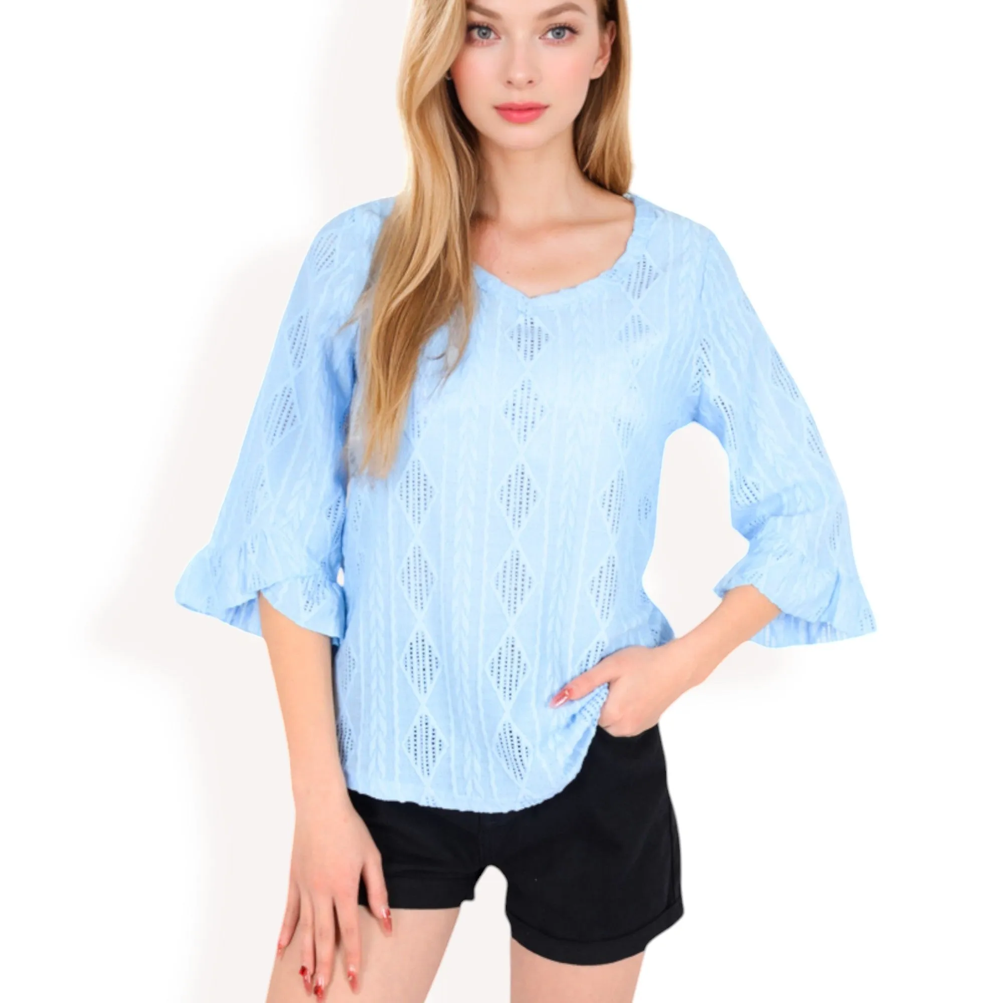 Anna-Kaci Women's 3/4 Sleeve V-Neck Blouse with Geometric Eyelet Pattern