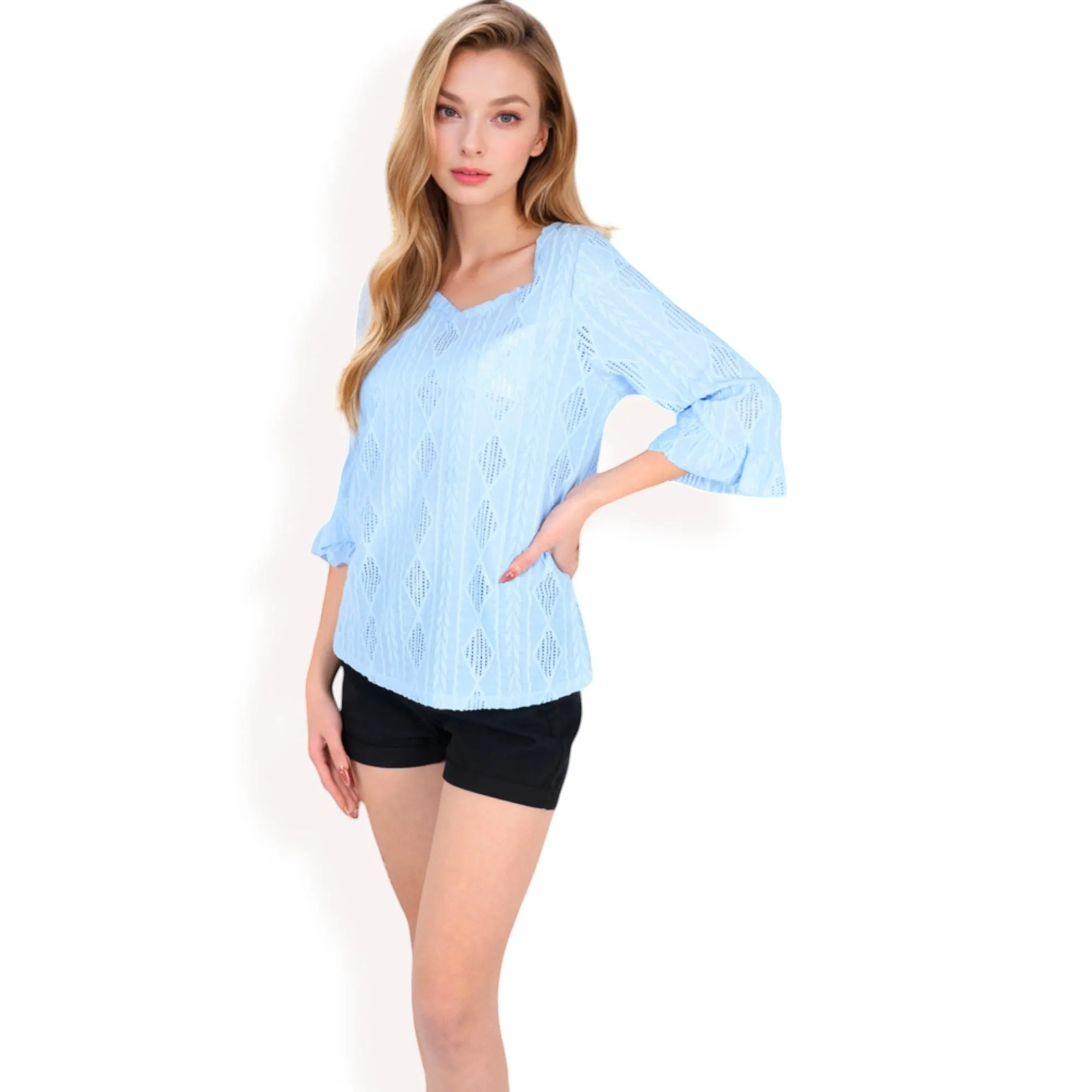 Anna-Kaci Women's 3/4 Sleeve V-Neck Blouse with Geometric Eyelet Pattern