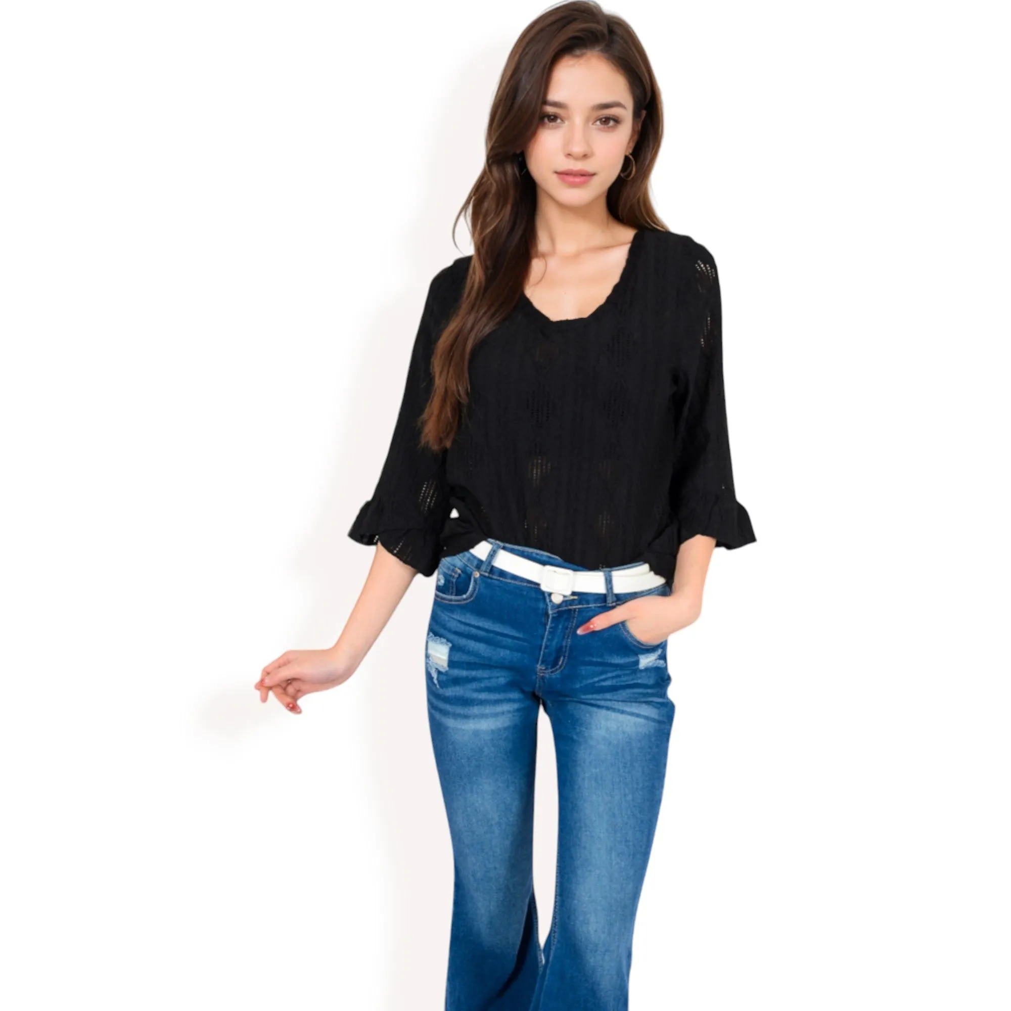 Anna-Kaci Women's 3/4 Sleeve V-Neck Blouse with Geometric Eyelet Pattern