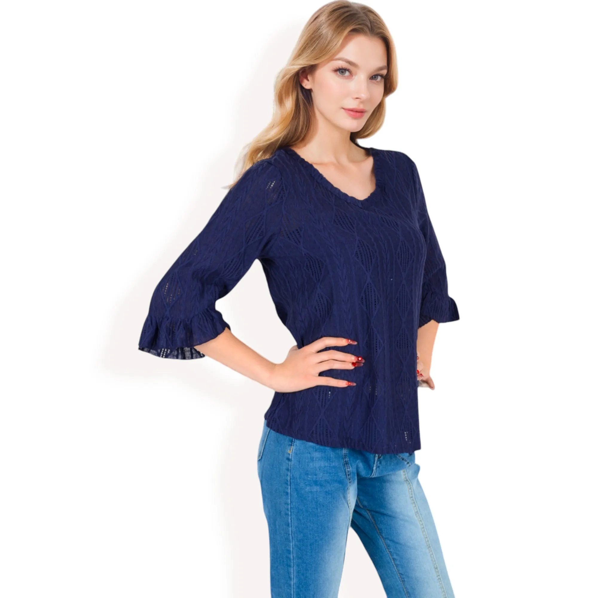 Anna-Kaci Women's 3/4 Sleeve V-Neck Blouse with Geometric Eyelet Pattern