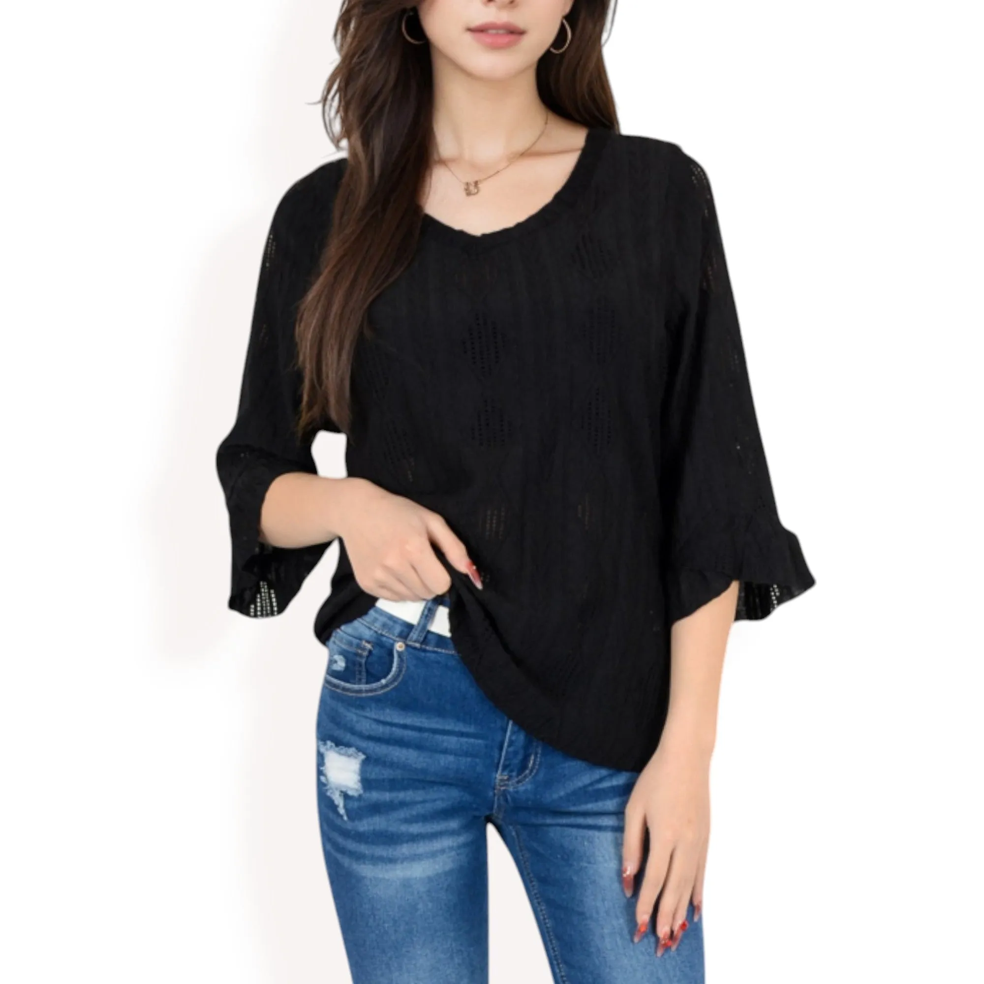 Anna-Kaci Women's 3/4 Sleeve V-Neck Blouse with Geometric Eyelet Pattern