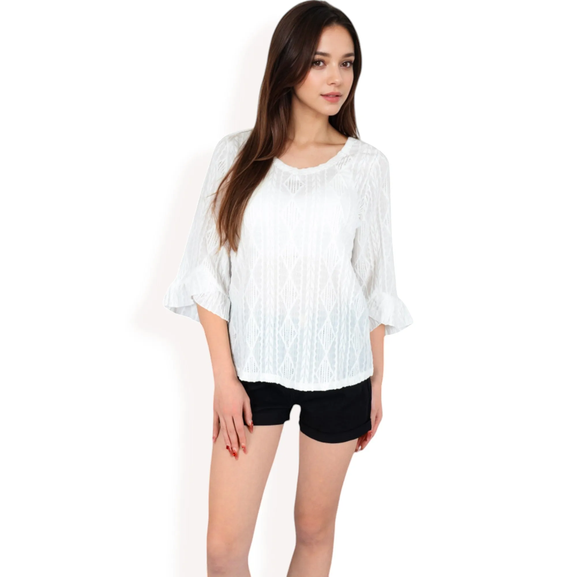 Anna-Kaci Women's 3/4 Sleeve V-Neck Blouse with Geometric Eyelet Pattern