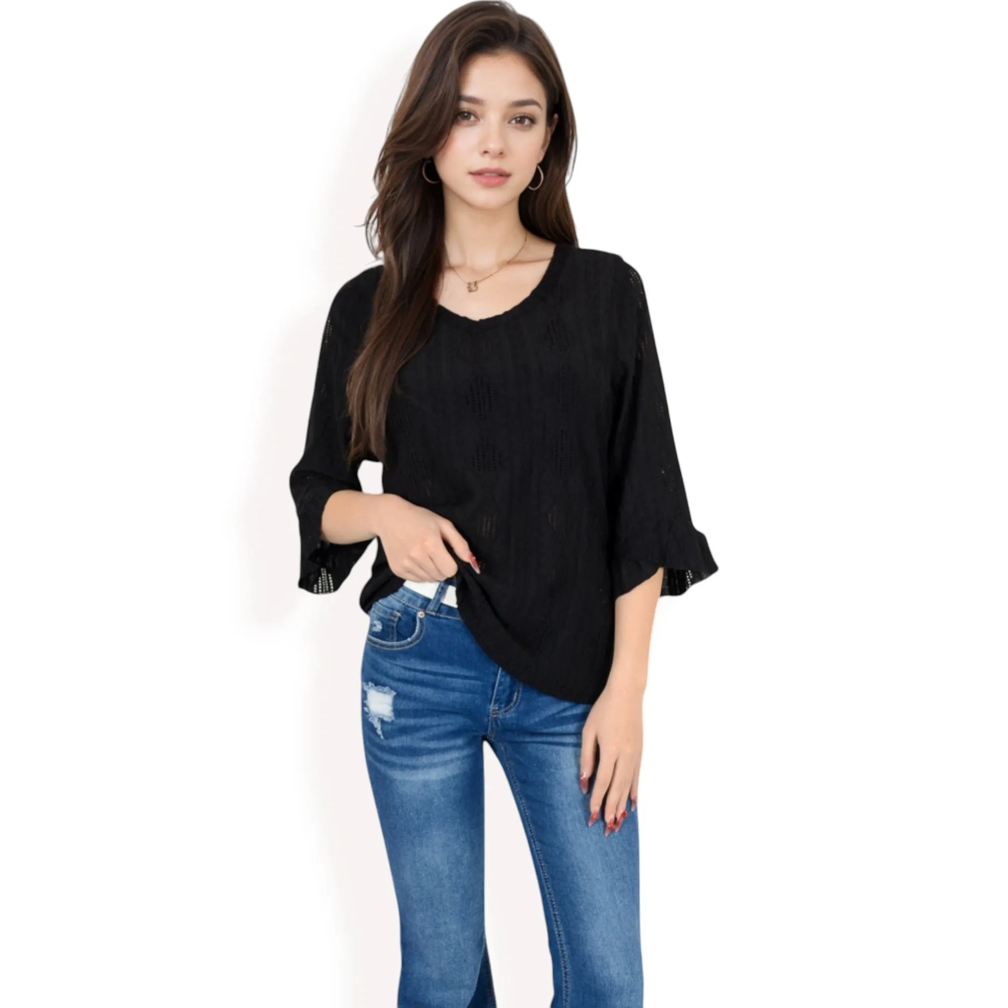 Anna-Kaci Women's 3/4 Sleeve V-Neck Blouse with Geometric Eyelet Pattern