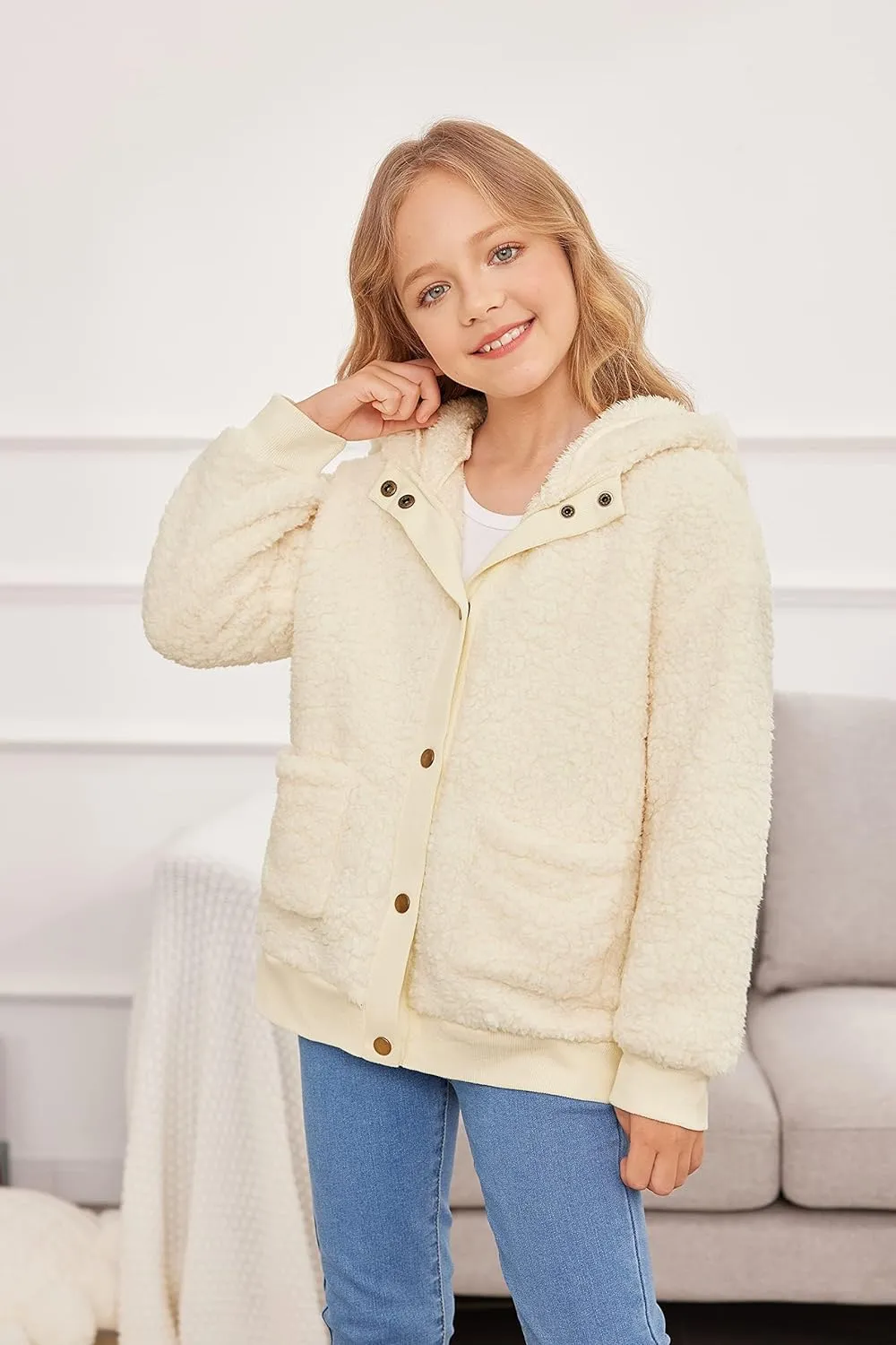 Arshiner Girls Fleece Sherpa Jacket Faux Shearling Fluffy Hooded Coat