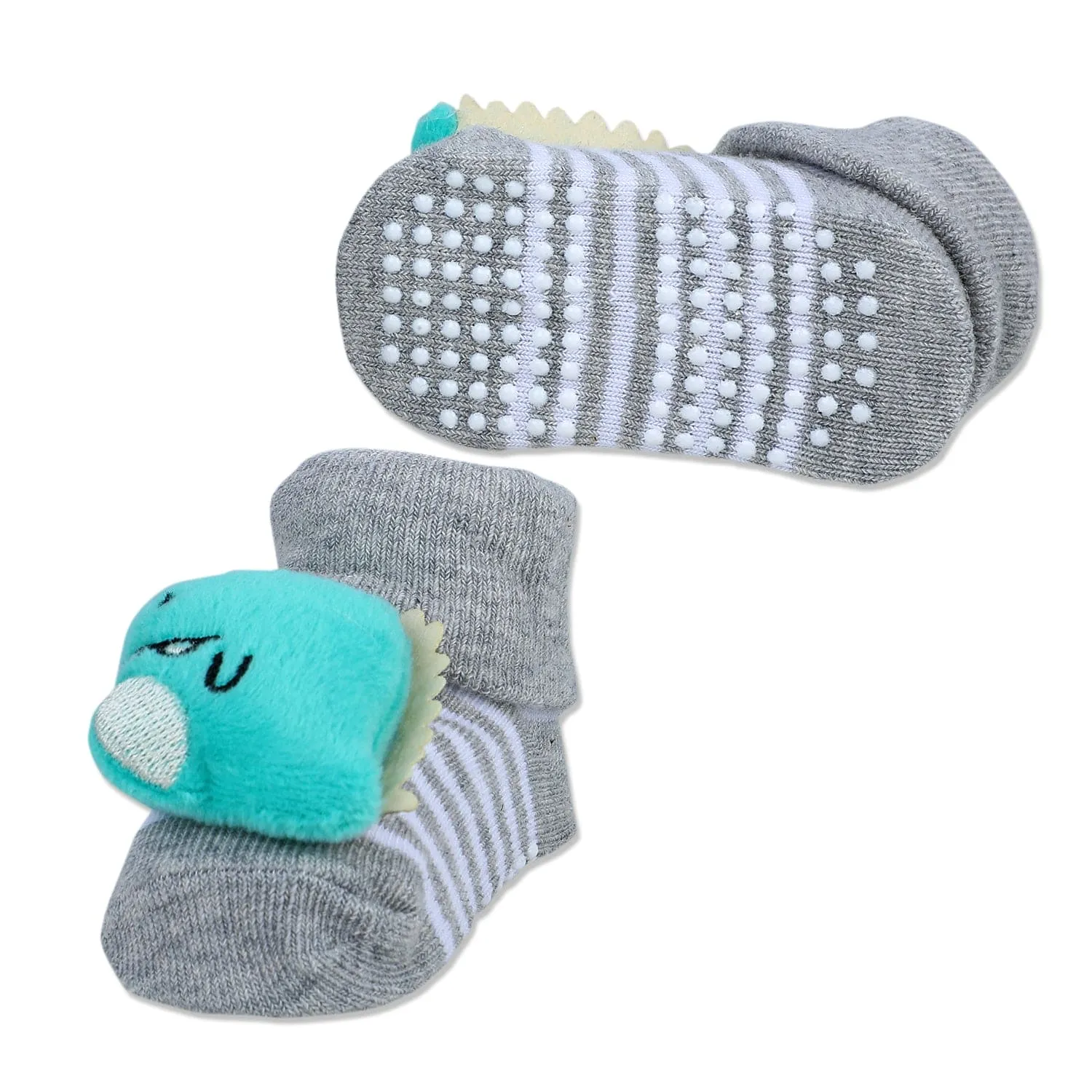 Baby Moo Dino Cotton Anti-Skid 3D Socks - Grey