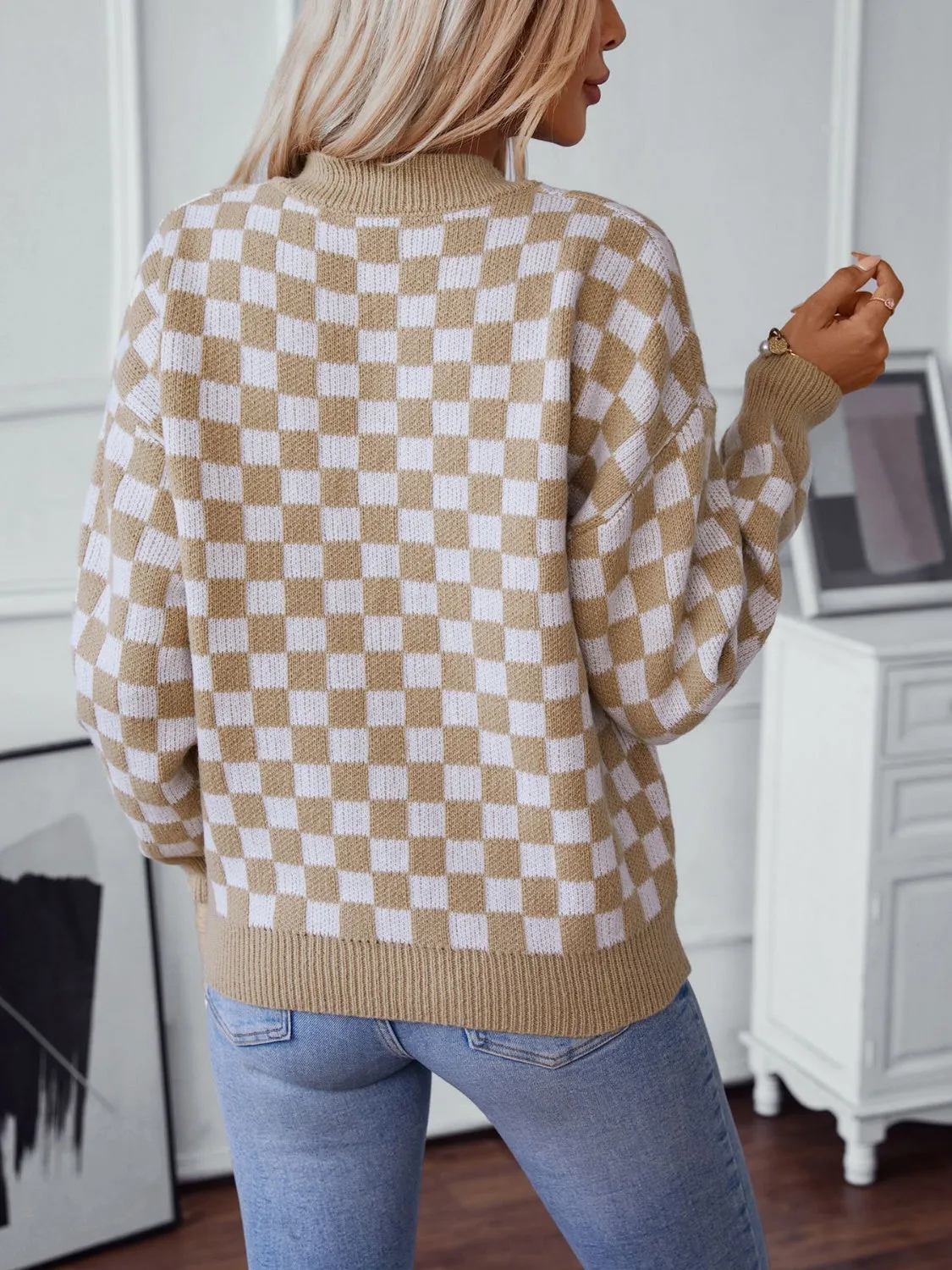 Checkered V-Neck Dropped Shoulder Sweater - 3 Colors