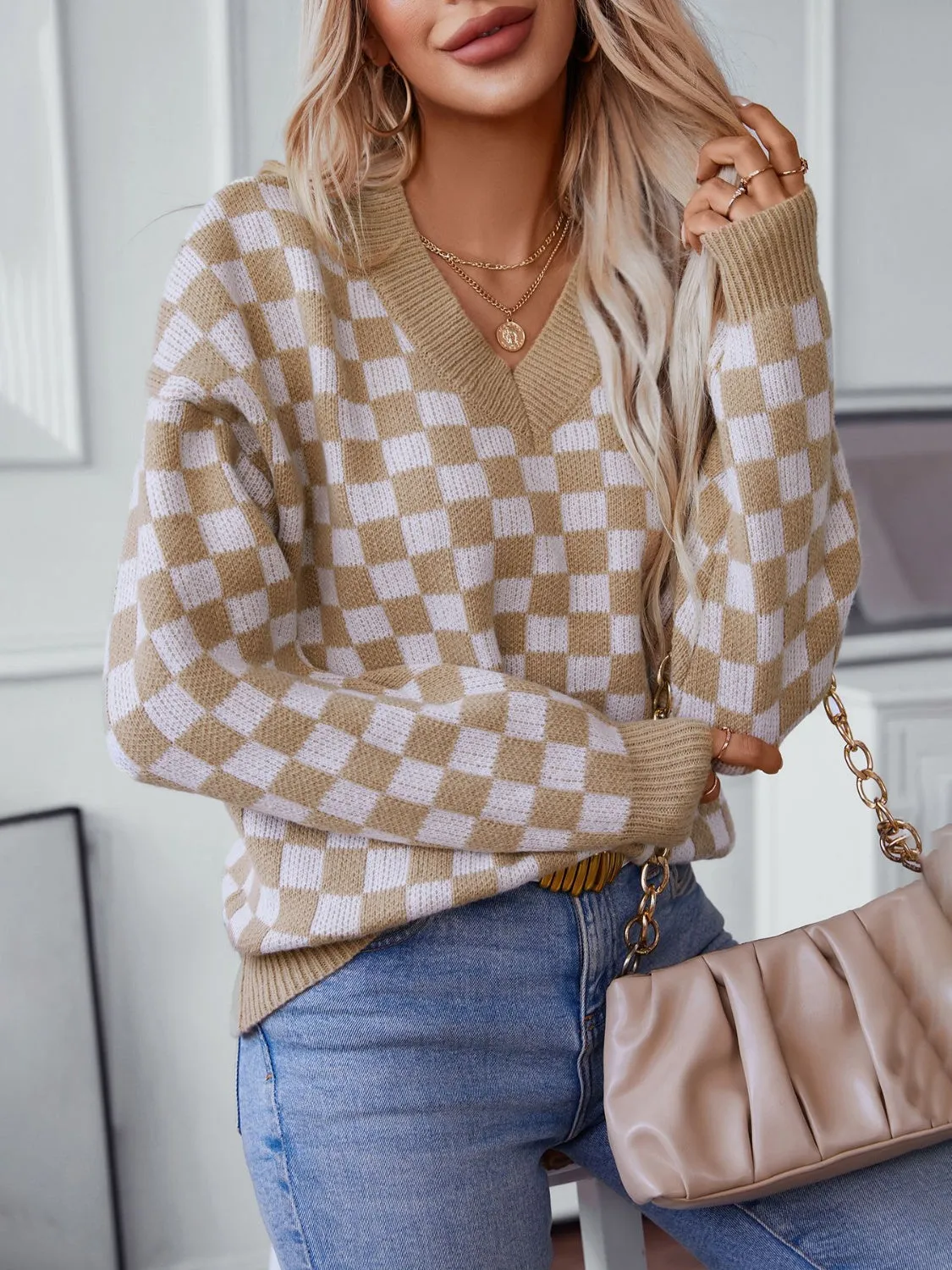 Checkered V-Neck Dropped Shoulder Sweater - 3 Colors