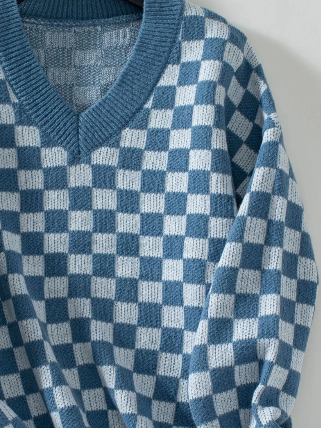 Checkered V-Neck Dropped Shoulder Sweater - 3 Colors