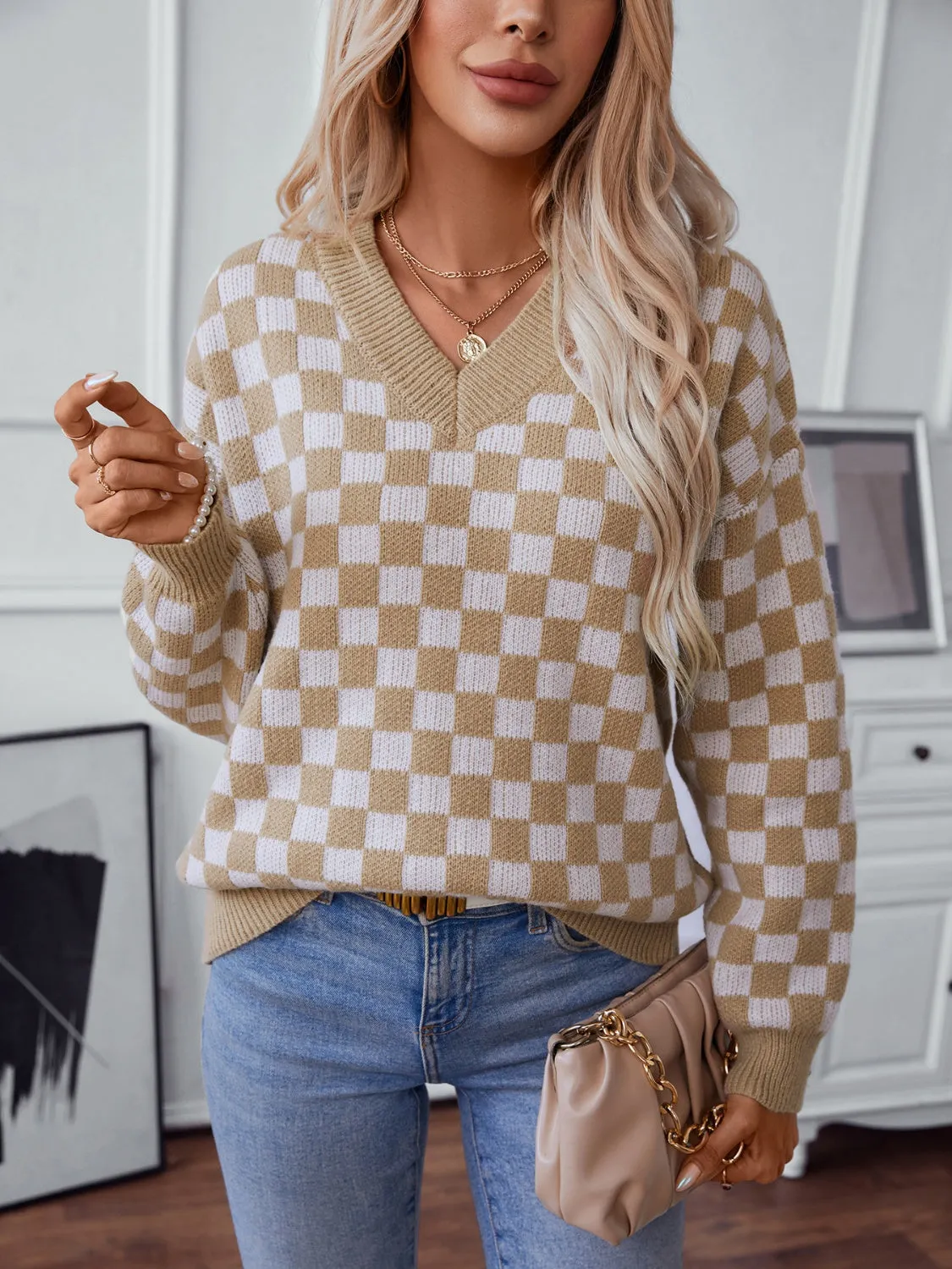 Checkered V-Neck Dropped Shoulder Sweater - 3 Colors