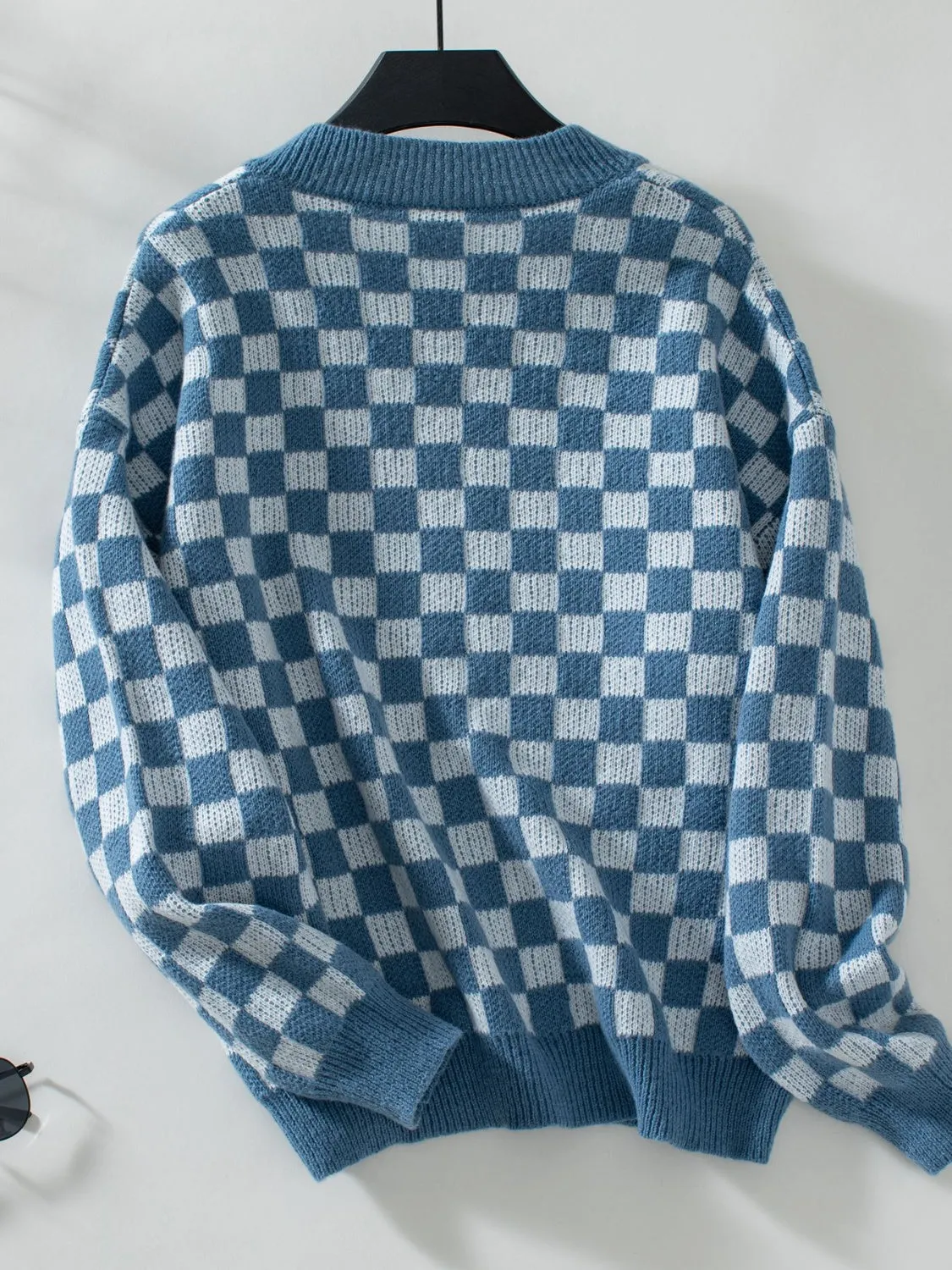 Checkered V-Neck Dropped Shoulder Sweater - 3 Colors