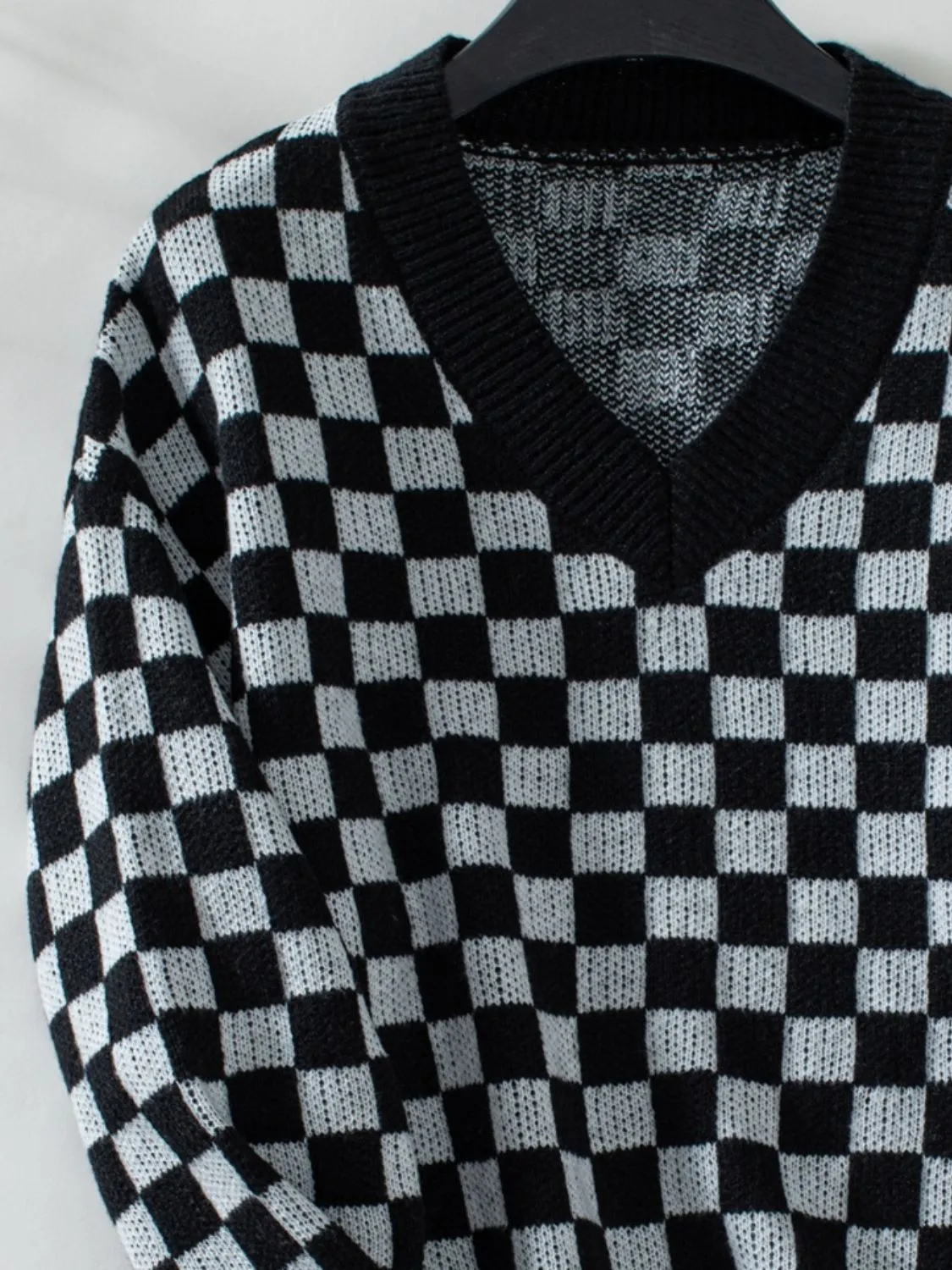 Checkered V-Neck Dropped Shoulder Sweater - 3 Colors