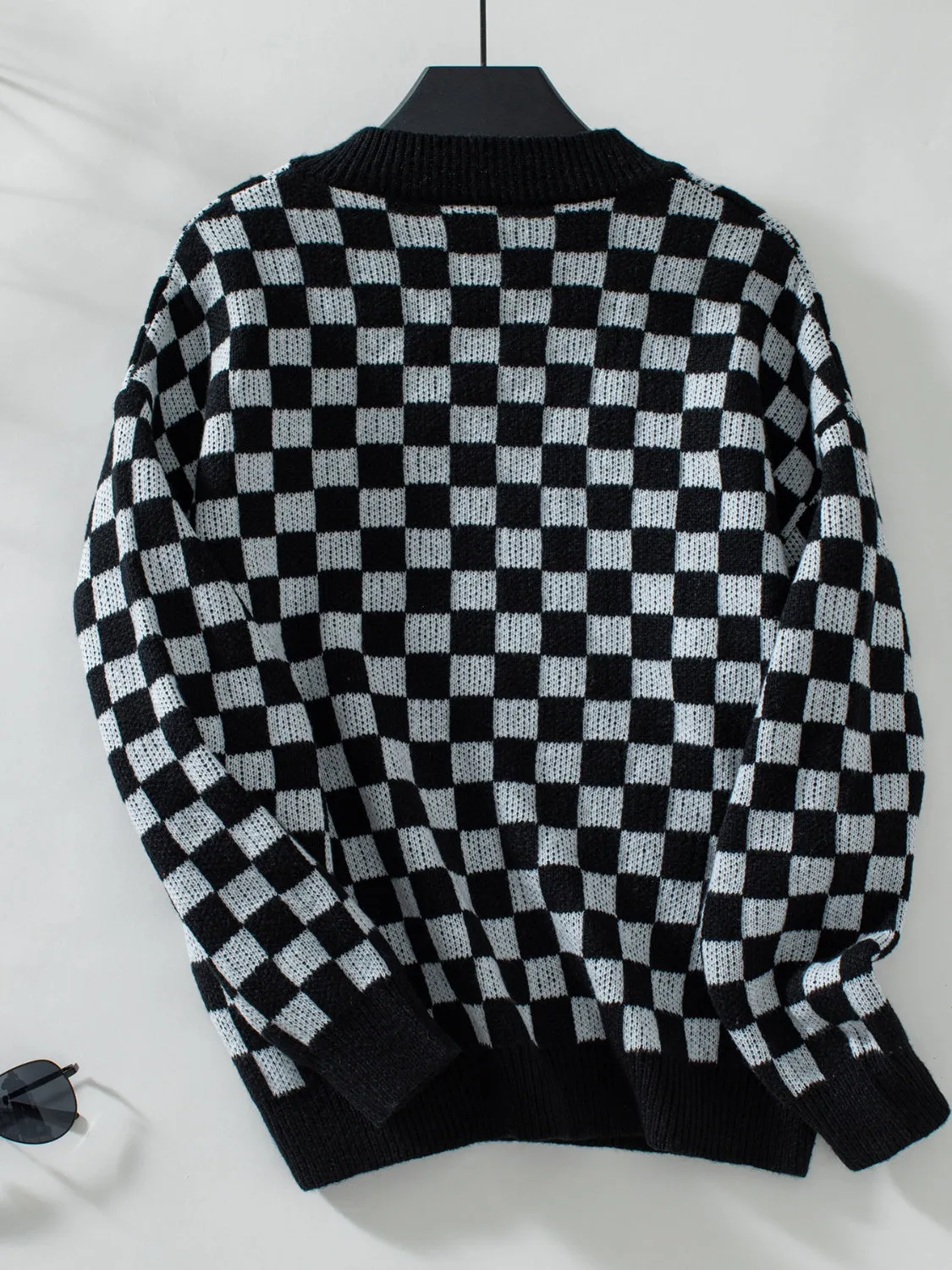 Checkered V-Neck Dropped Shoulder Sweater - 3 Colors