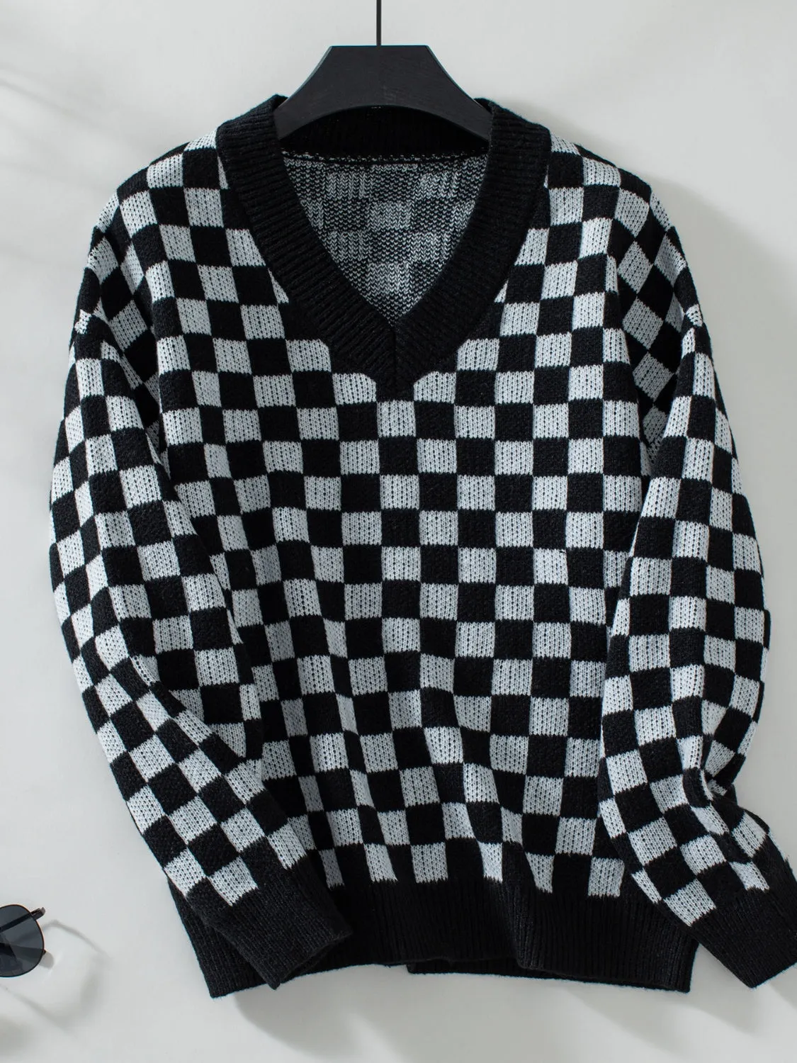 Checkered V-Neck Dropped Shoulder Sweater - 3 Colors