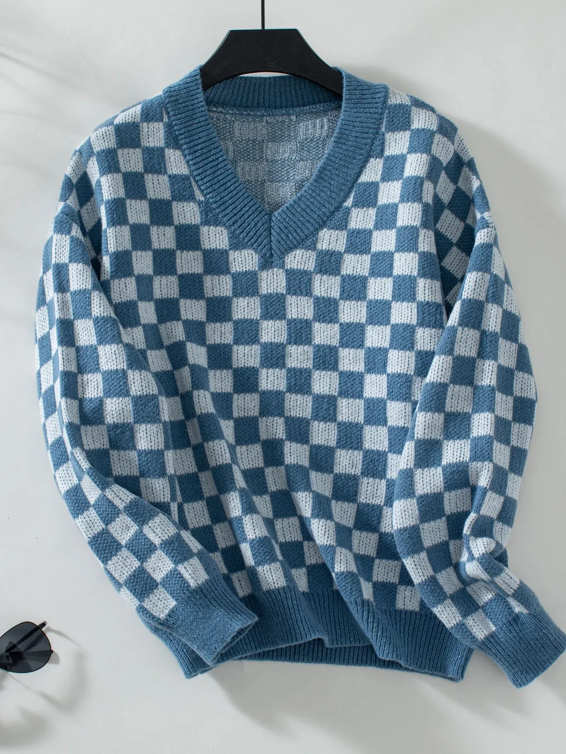 Checkered V-Neck Dropped Shoulder Sweater - 3 Colors