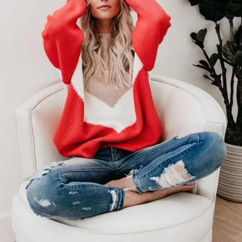 Color Block Oversized Striped Knit Sweaters For Women