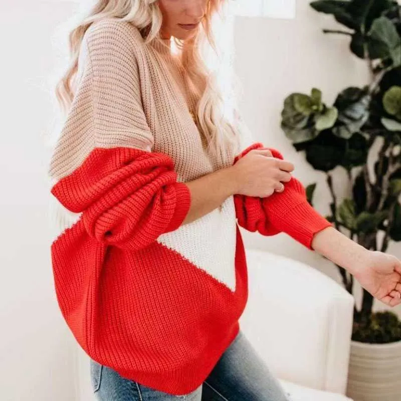 Color Block Oversized Striped Knit Sweaters For Women