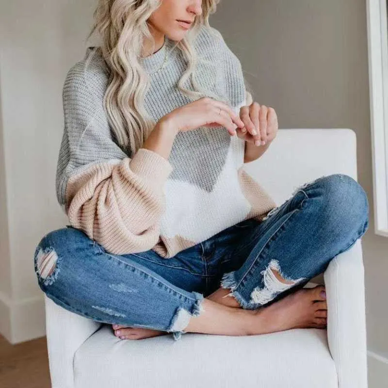 Color Block Oversized Striped Knit Sweaters For Women