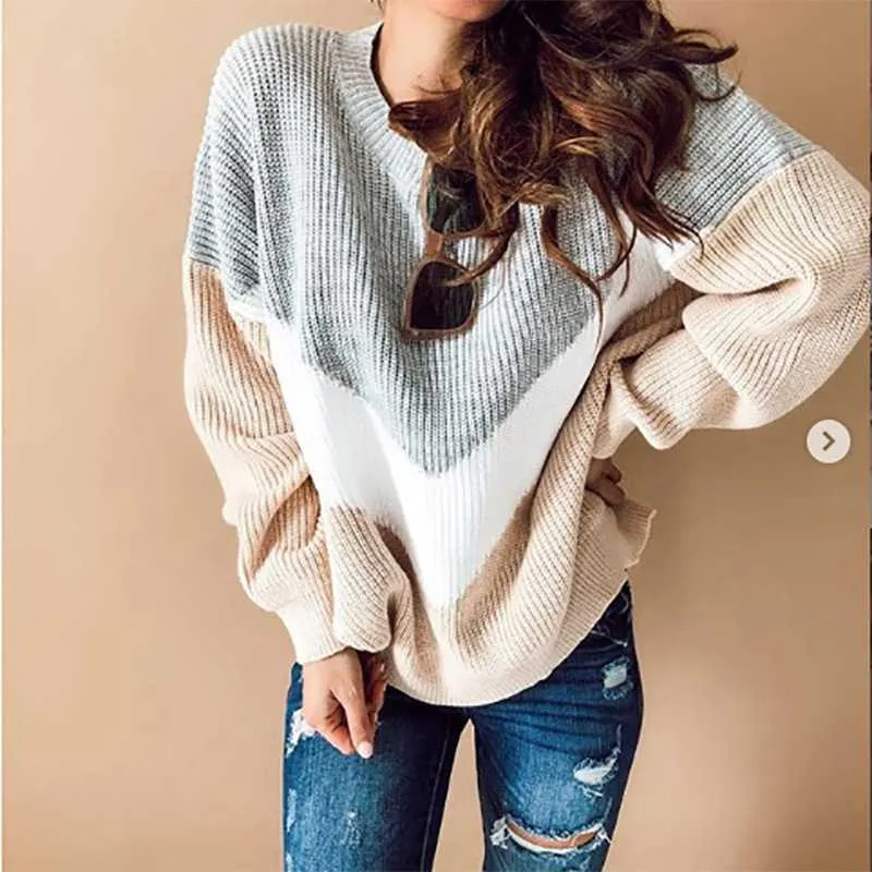 Color Block Oversized Striped Knit Sweaters For Women