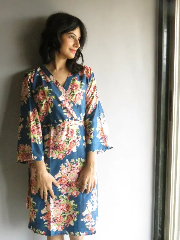 Dark Blue Floral Knee Length, Kimono Crossover Belted Robe-C12 fabric Code