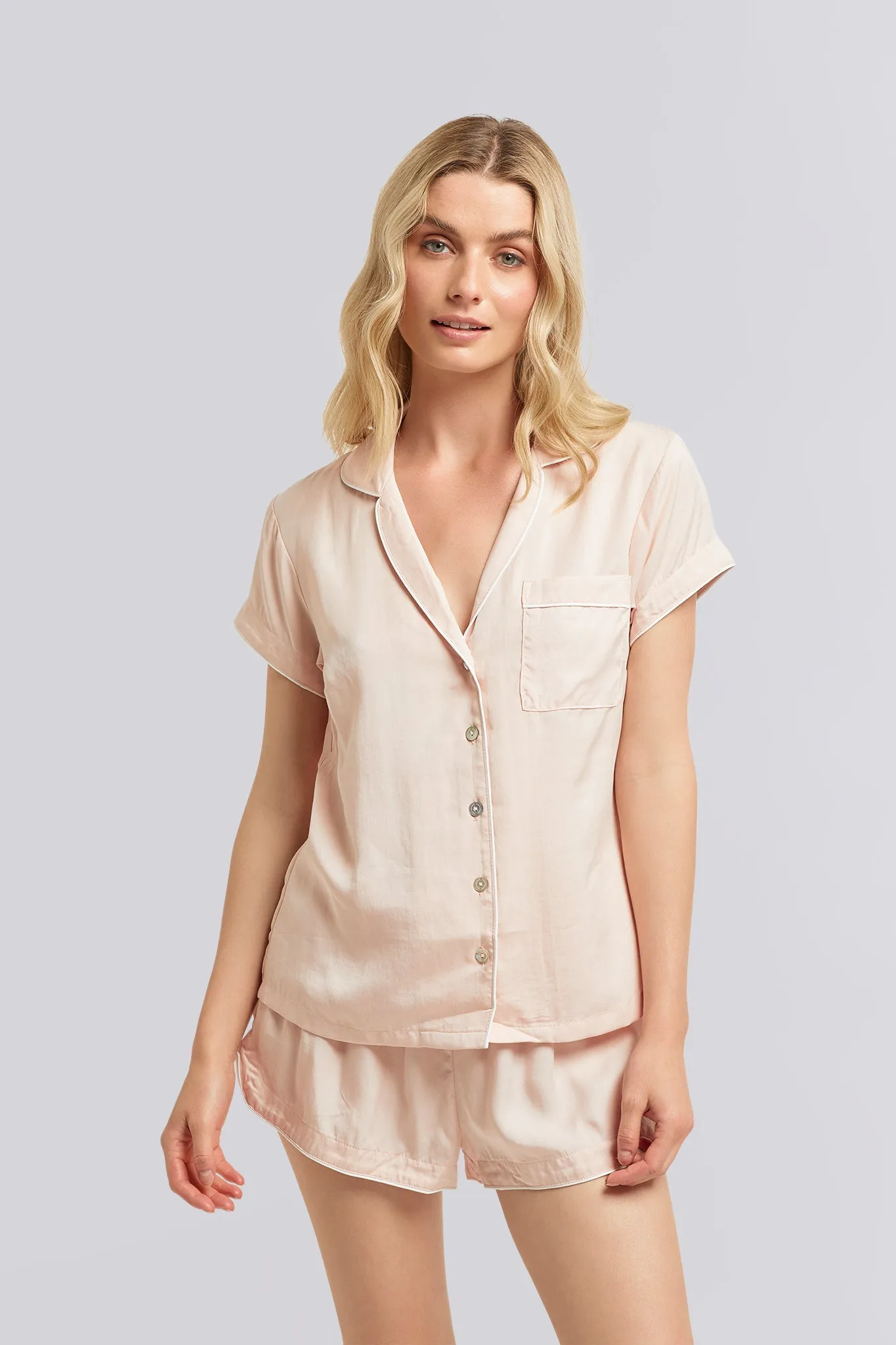 Eva Short Tencel™ Pyjama Set - Blush with White Piping