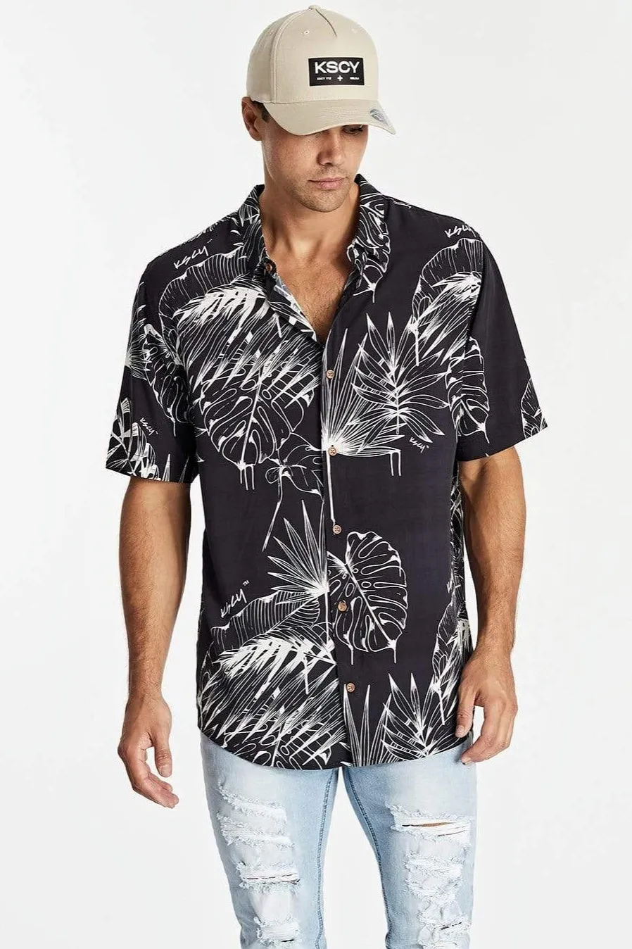 KISS CHACEY Mens Bad Lands Relaxed Short Sleeve Shirt - Black Print