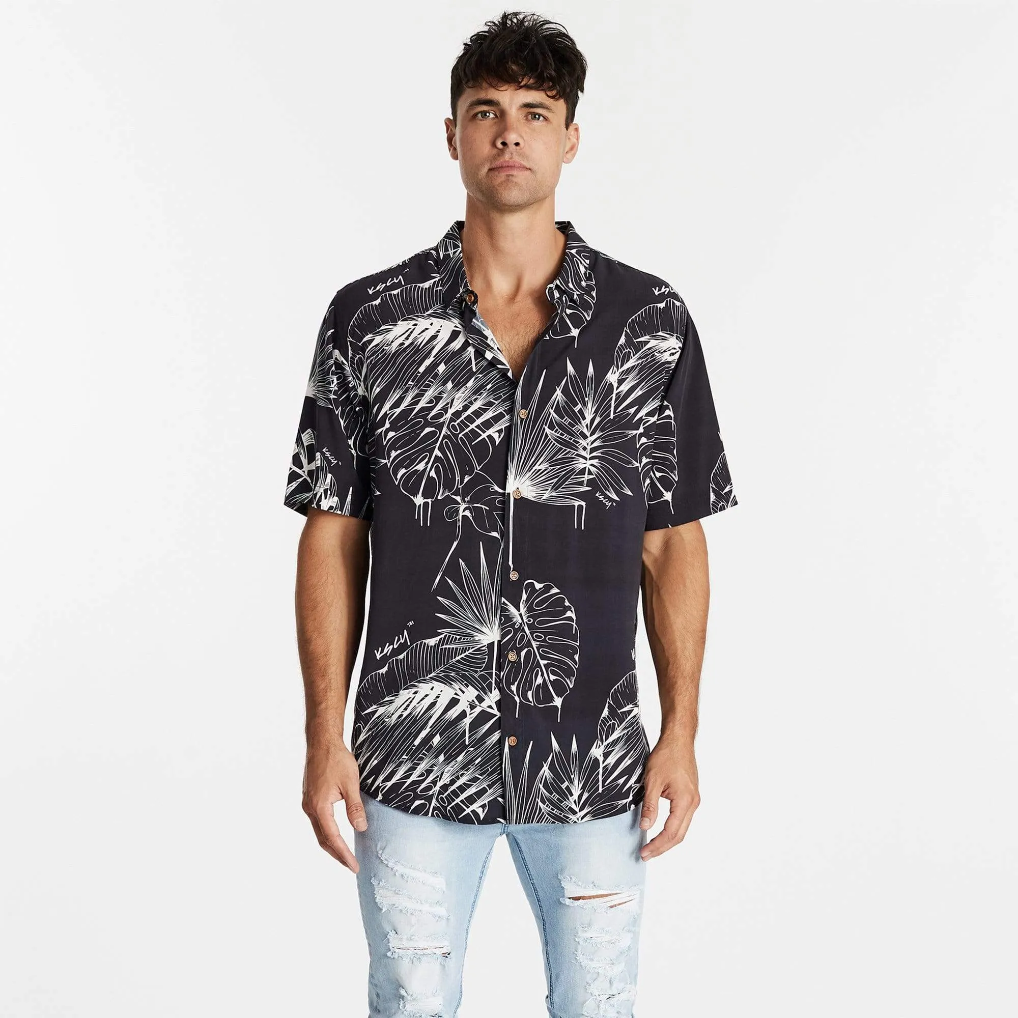 KISS CHACEY Mens Bad Lands Relaxed Short Sleeve Shirt - Black Print
