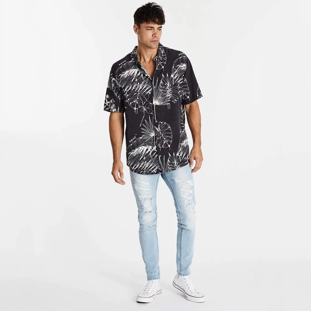 KISS CHACEY Mens Bad Lands Relaxed Short Sleeve Shirt - Black Print
