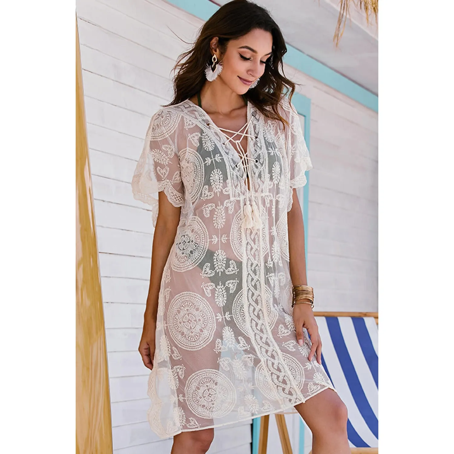 Lace-Up Sheer Cover Up