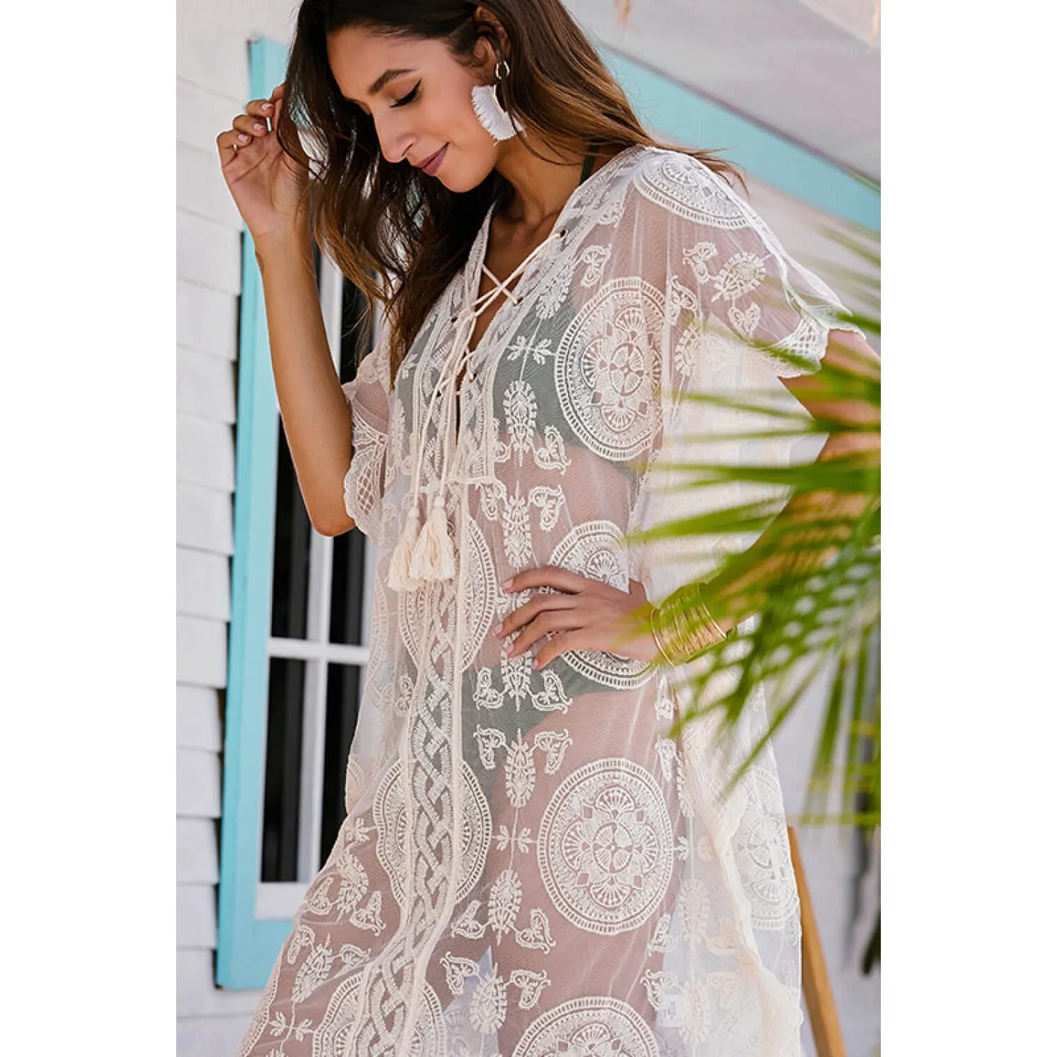 Lace-Up Sheer Cover Up
