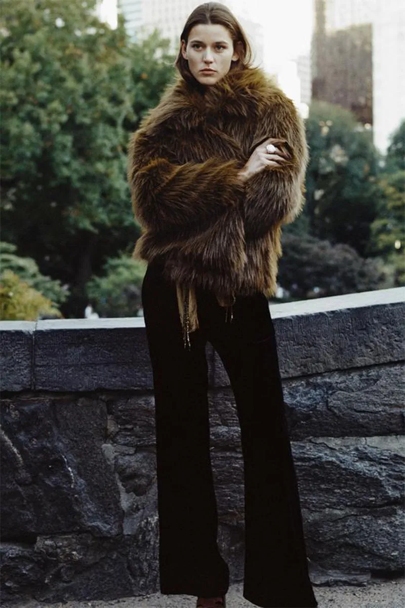 Lapel Faux Brown Fox Fur Jacket Women