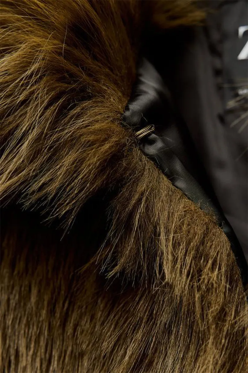 Lapel Faux Brown Fox Fur Jacket Women