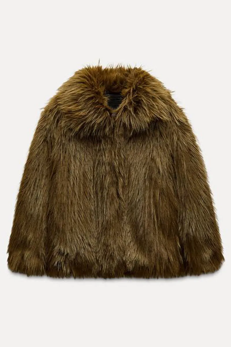 Lapel Faux Brown Fox Fur Jacket Women