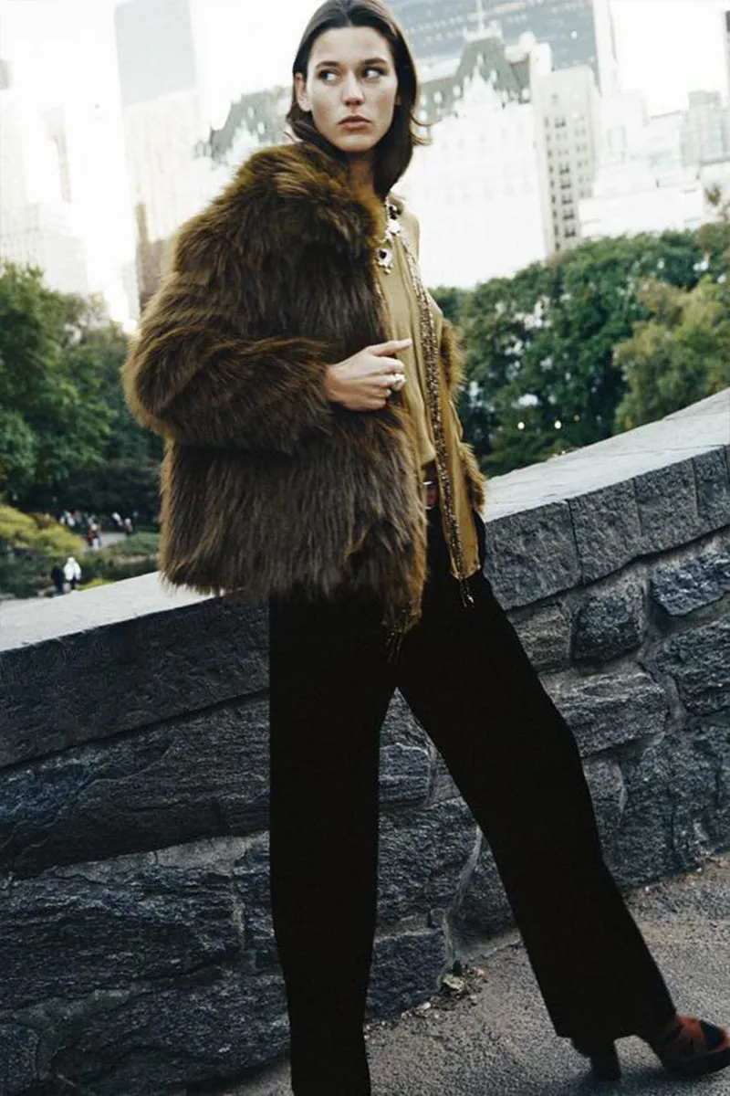 Lapel Faux Brown Fox Fur Jacket Women