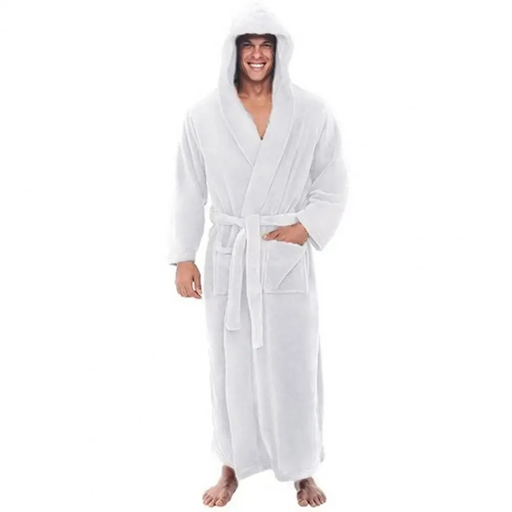 Long Sleeve Pocket Belt Solid Color Men Bathrobe Winter Warm Hooded Long Fleece Home Gown Sleepwear