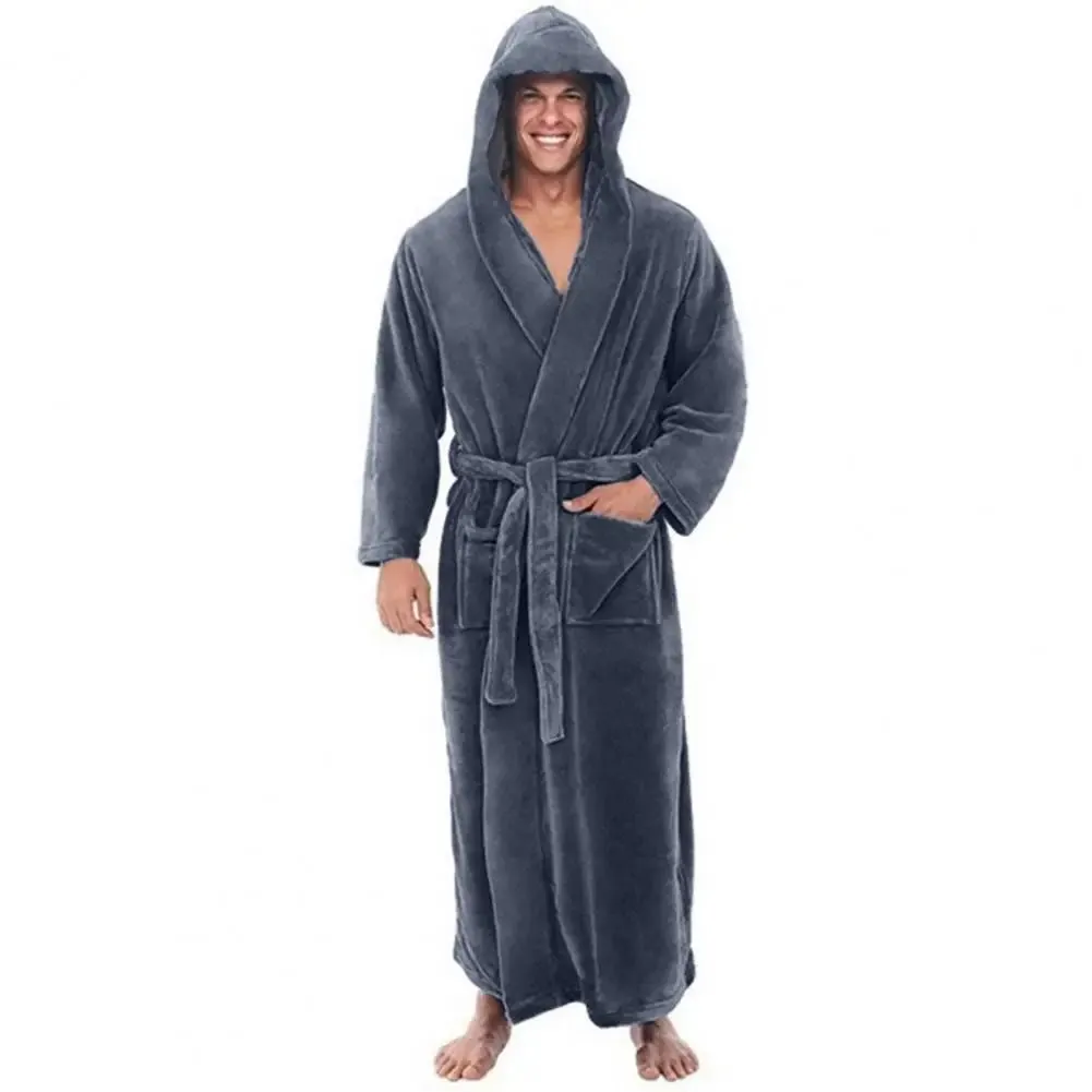 Long Sleeve Pocket Belt Solid Color Men Bathrobe Winter Warm Hooded Long Fleece Home Gown Sleepwear