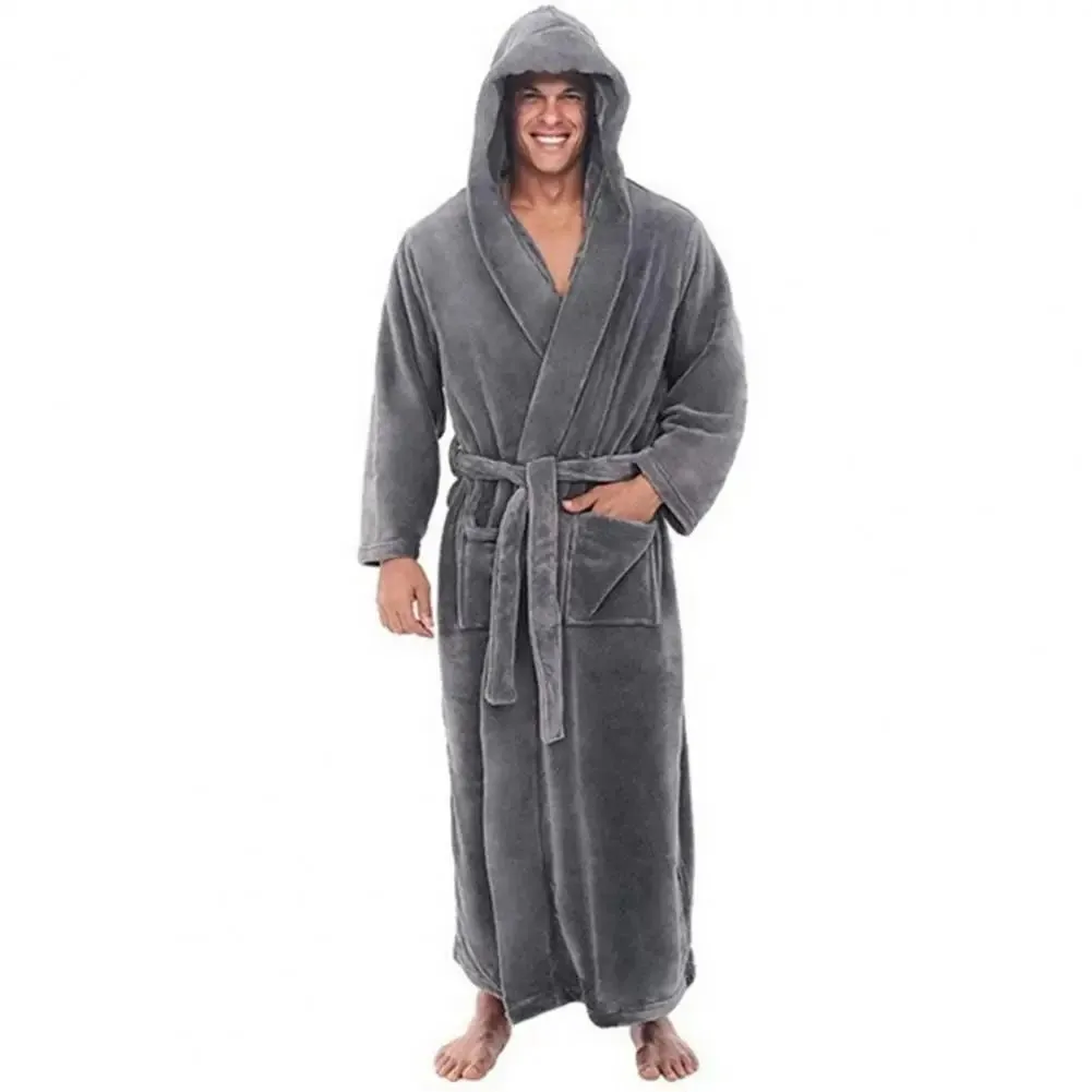 Long Sleeve Pocket Belt Solid Color Men Bathrobe Winter Warm Hooded Long Fleece Home Gown Sleepwear