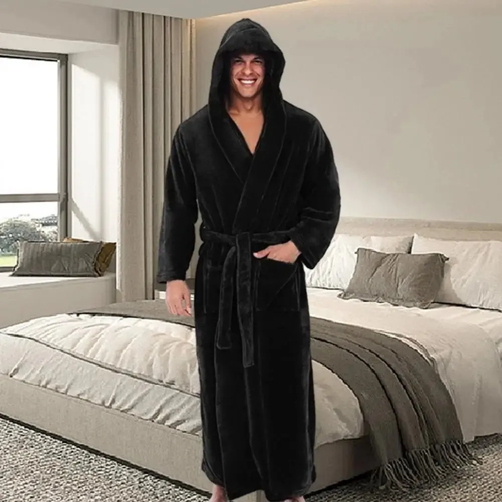 Long Sleeve Pocket Belt Solid Color Men Bathrobe Winter Warm Hooded Long Fleece Home Gown Sleepwear