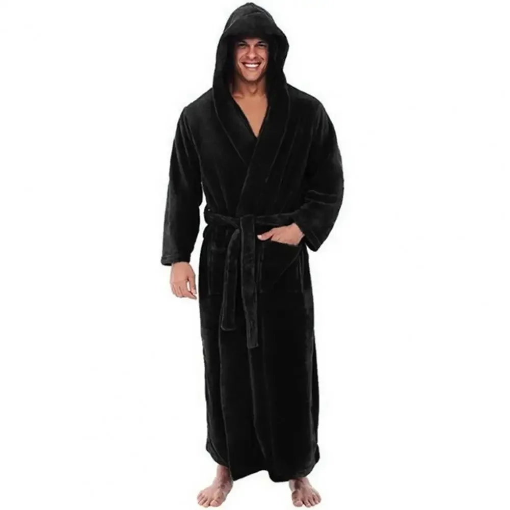 Long Sleeve Pocket Belt Solid Color Men Bathrobe Winter Warm Hooded Long Fleece Home Gown Sleepwear