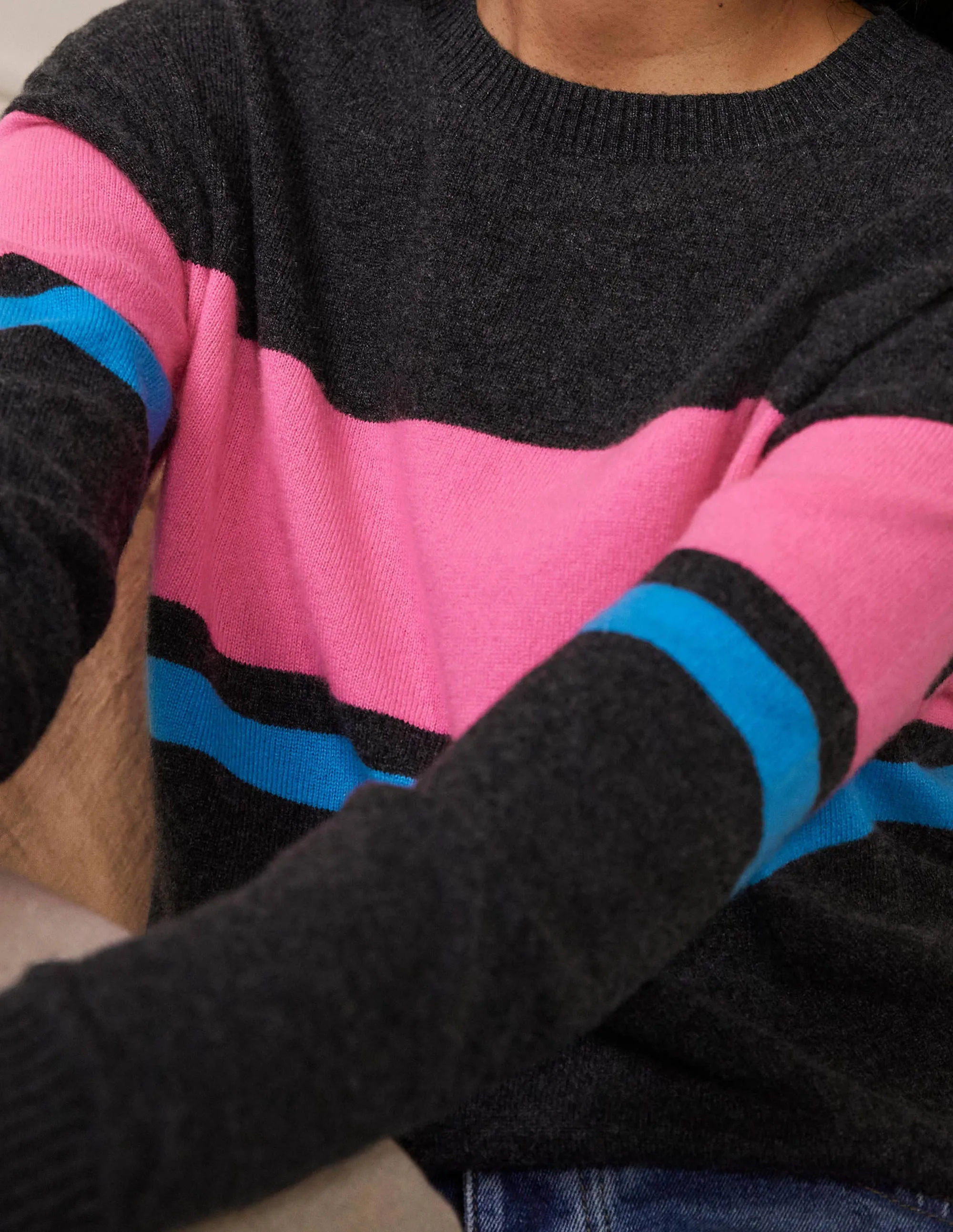 Margot Cashmere Jumper-Charcoal Melange, Neon Stripe