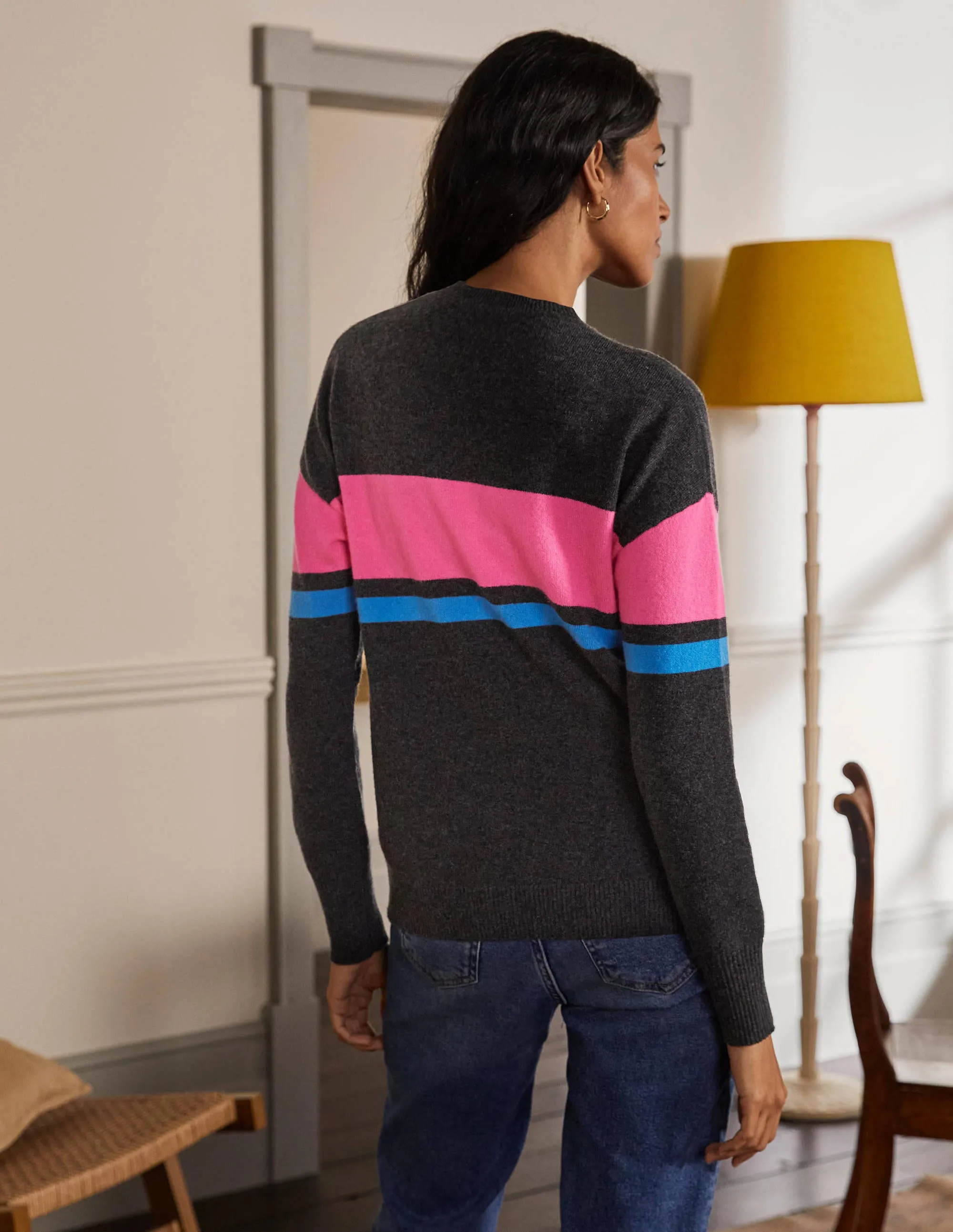 Margot Cashmere Jumper-Charcoal Melange, Neon Stripe