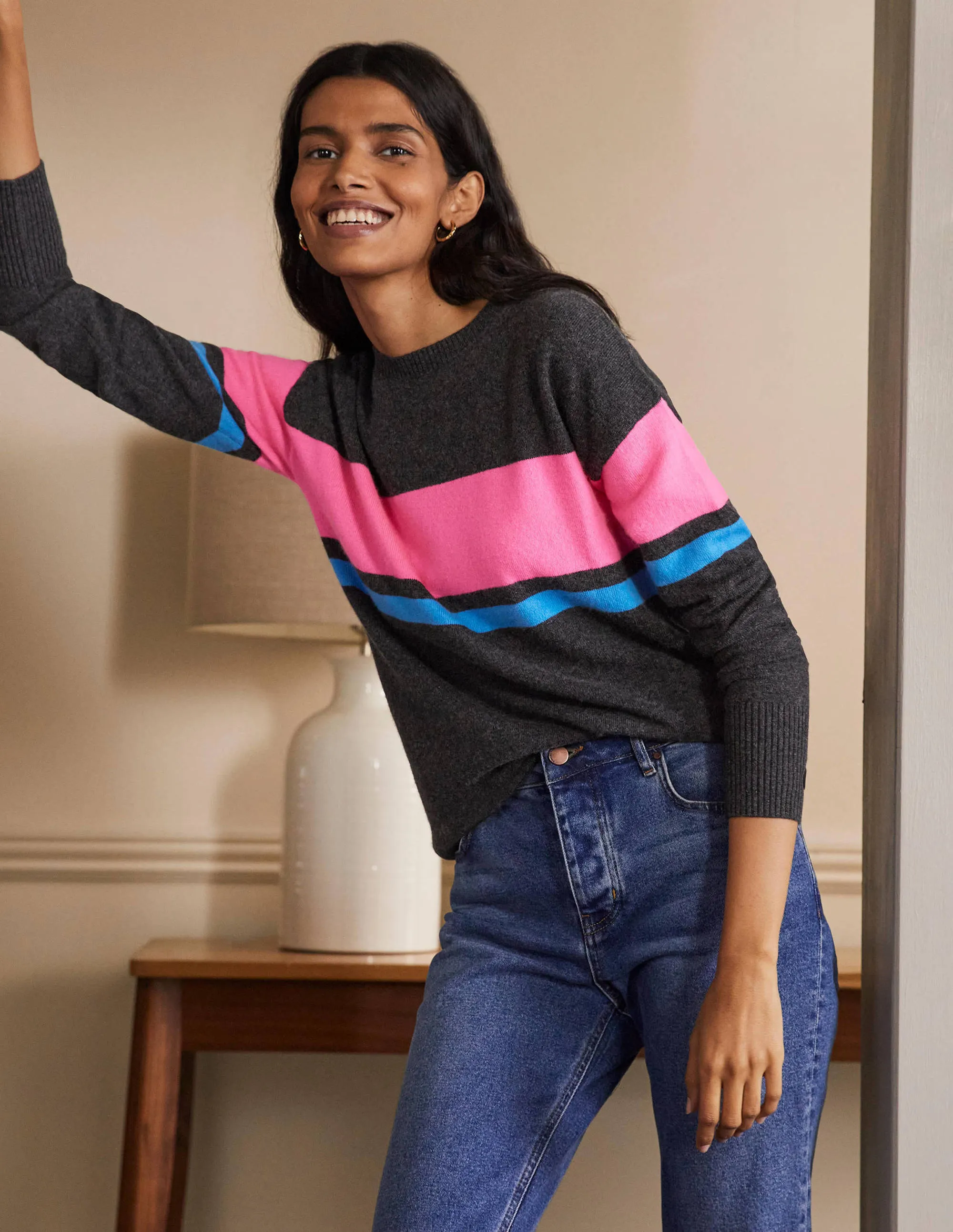 Margot Cashmere Jumper-Charcoal Melange, Neon Stripe