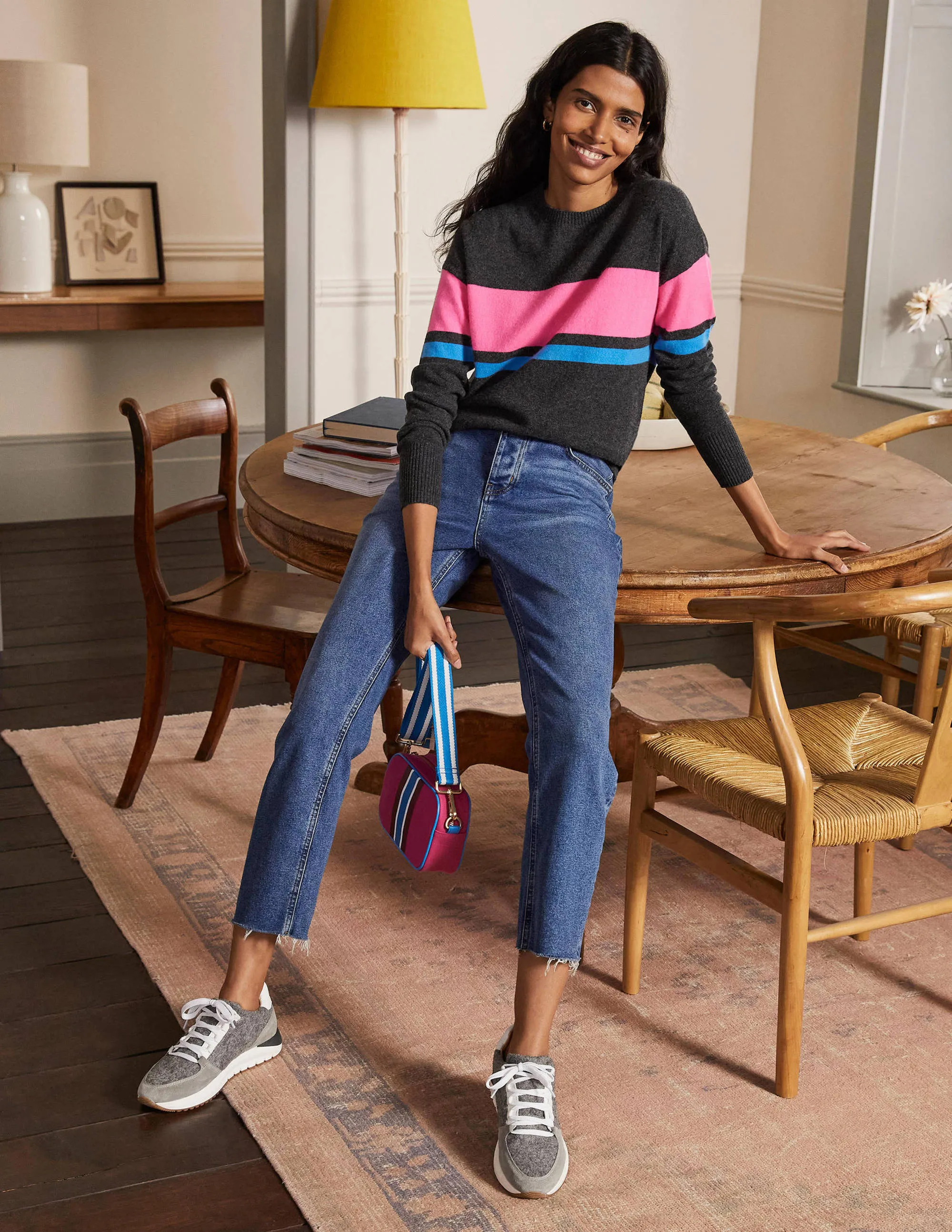 Margot Cashmere Jumper-Charcoal Melange, Neon Stripe